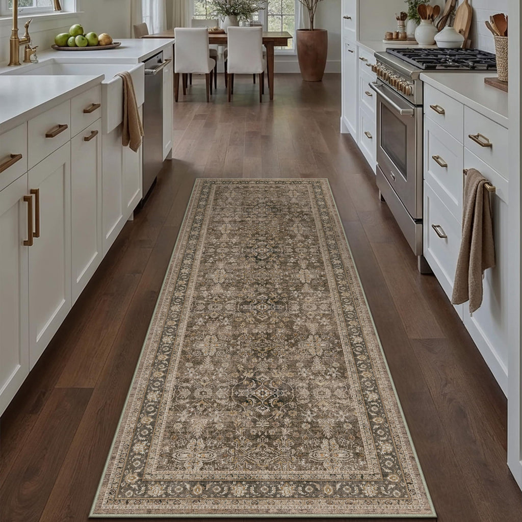 PureCozy Runner Rug 2x6 Brown Hallway Washable Kitchen Vintage Carpet Non Slip Long Indoor Bedroom Retro Traditional Beige Accent Throw Rug for Bathroom Office Entryway Laundry Dining