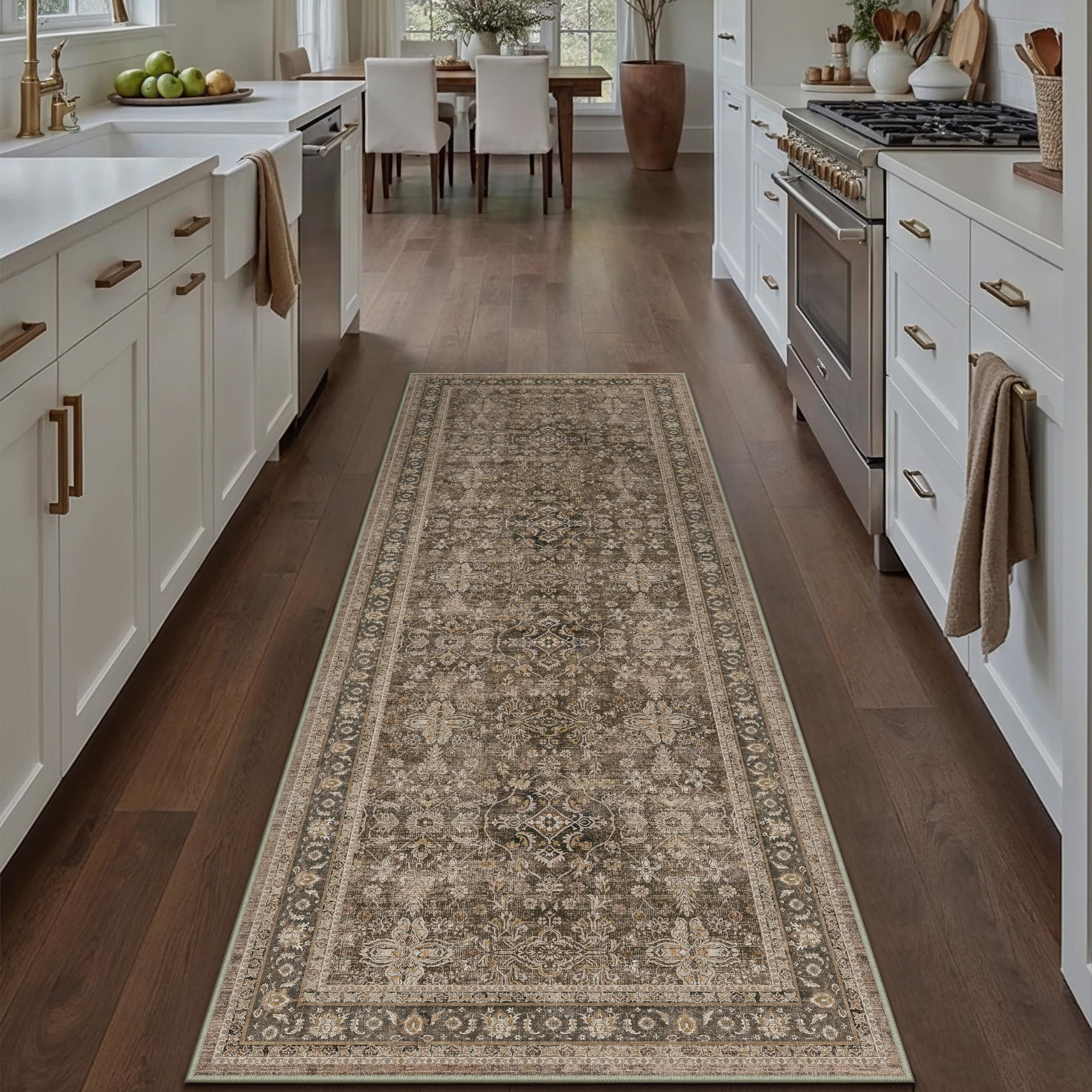 PureCozy Runner Rug 2x6 Brown Hallway Washable Kitchen Vintage Carpet Non Slip Long Indoor Bedroom Retro Traditional Beige Accent Throw Rug for Bathroom Office Entryway Laundry Dining