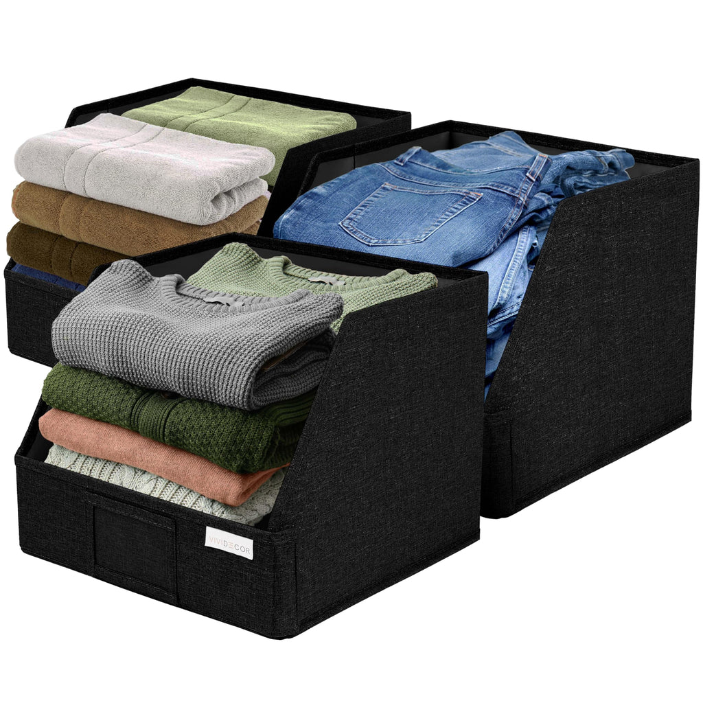 VIVIDECOR Trapezoid Closet Bins for Shelves – 12x12x10 Fabric Storage Baskets, Collapsible Organizer Boxes for Bedroom, Jeans, Sweaters– Black, 3 Pack