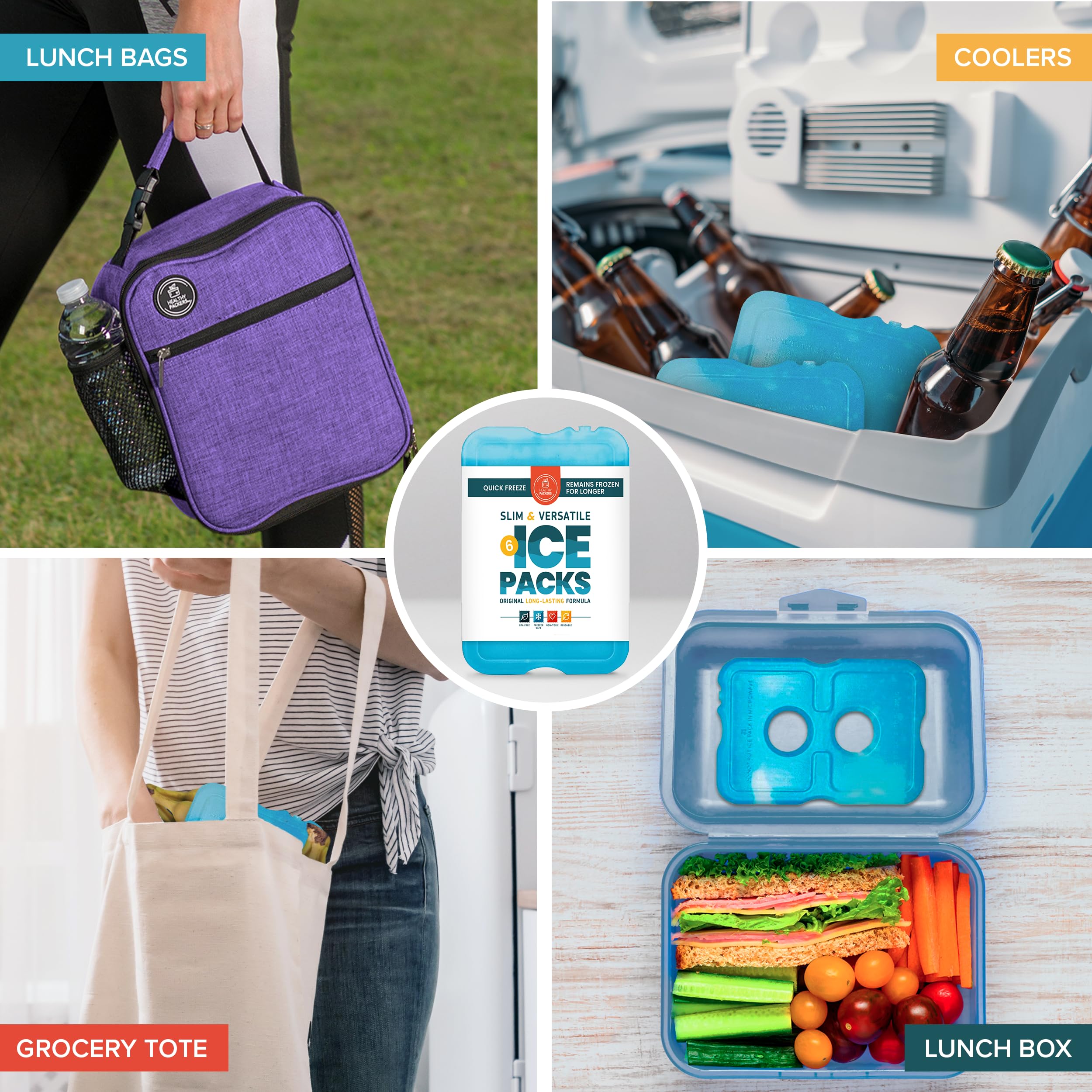 Ice Packs for Lunch Bags - Original Cool Pack | Slim & Long-Lasting Reusable Ice Pack for Lunch Box, Lunch Bag and Cooler | Freezer Packs for Coolers (Set of 6)