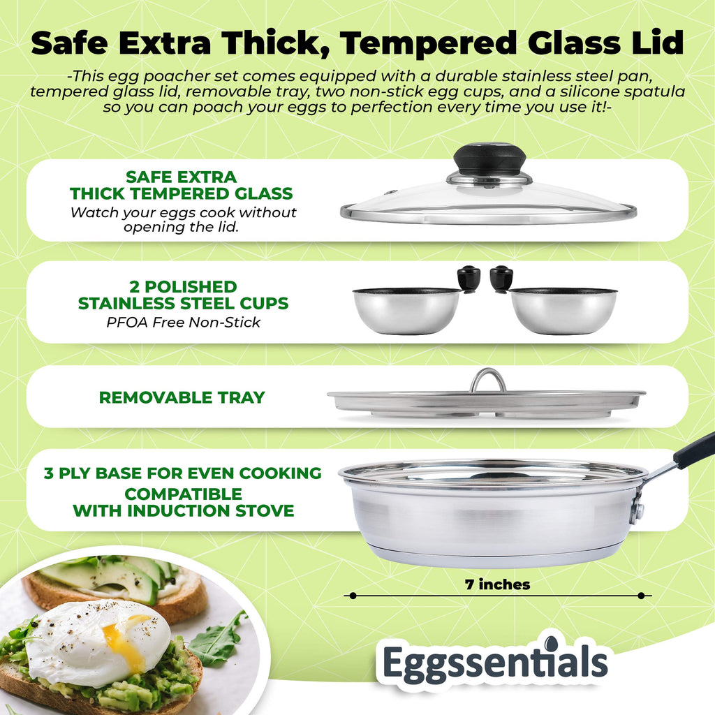 Eggssentials 2 Cup Egg Poacher, Stainless Steel, Non-stick PFOA Free with Spatula, Poached Egg Maker, Egg Poachers Cookware