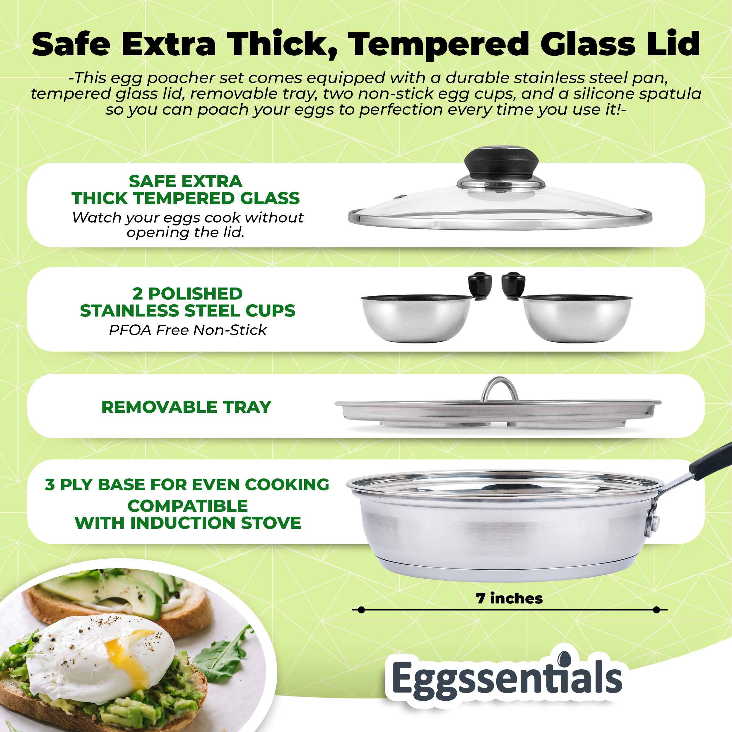 Eggssentials 2 Cup Egg Poacher, Stainless Steel, Non-stick PFOA Free with Spatula, Poached Egg Maker, Egg Poachers Cookware