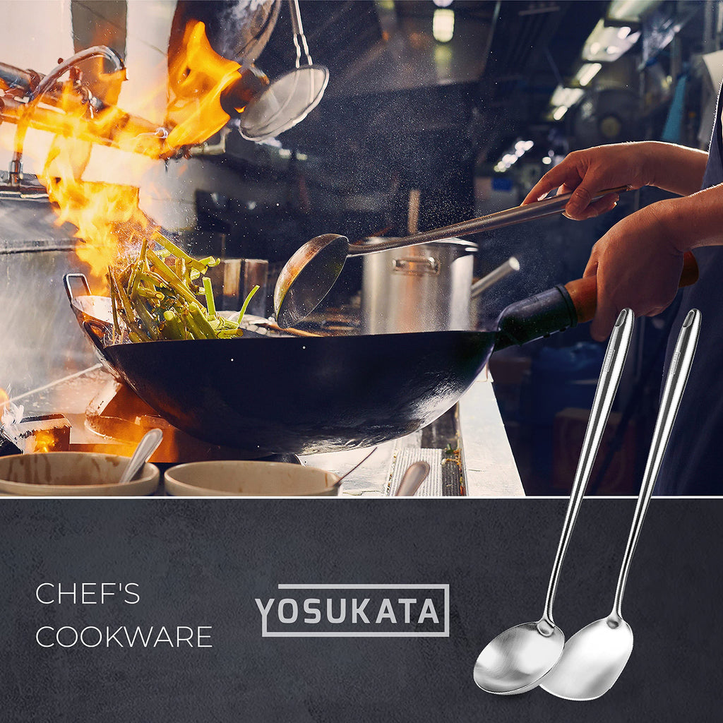 YOSUKATA 17’’ Wok Spatula and Ladle - Set of 2 Heat-Resistant Wok Tools - Universal Wok Ladle and Spatula - High-Grade Stainless Steel Cooking Utensils and Wok Accessories - Solid Wok Utensils