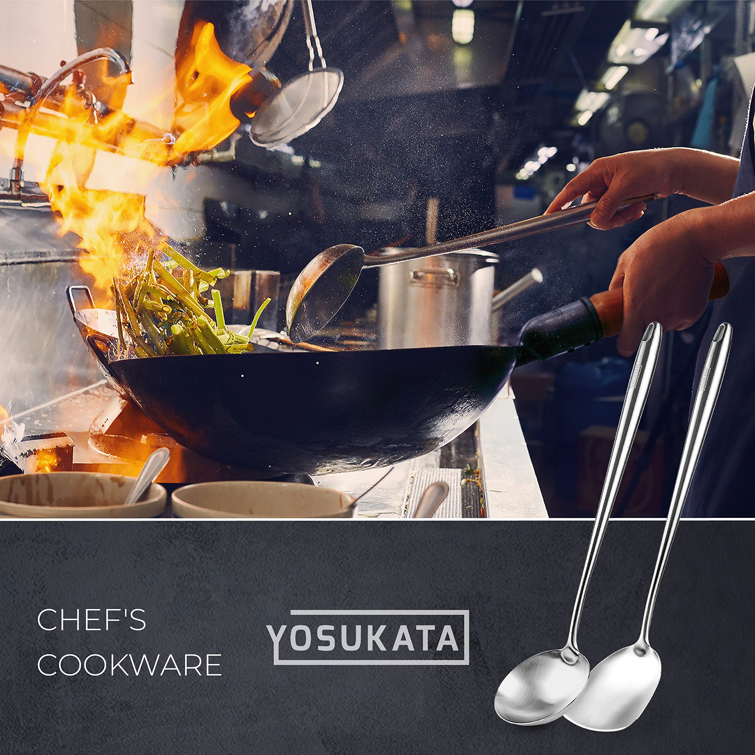 YOSUKATA 17’’ Wok Spatula and Ladle - Set of 2 Heat-Resistant Wok Tools - Universal Wok Ladle and Spatula - High-Grade Stainless Steel Cooking Utensils and Wok Accessories - Solid Wok Utensils