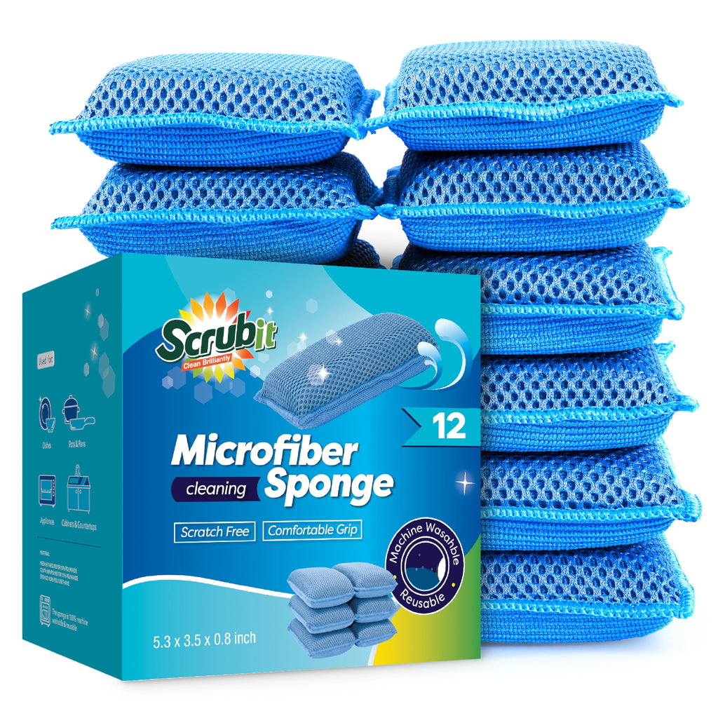 SCRUBIT Reusable Sponges for Dishes - 12 Pack Microfiber Sponges Kitchen Dish Scrubber, Machine Washable & Non-Scratch Scrubbers