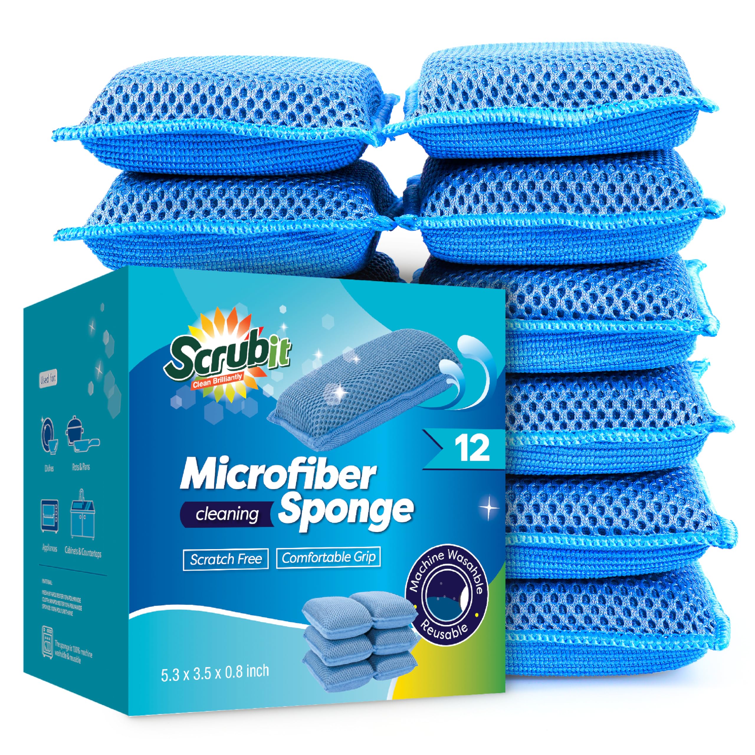 SCRUBIT Reusable Sponges for Dishes - 12 Pack Microfiber Sponges Kitchen Dish Scrubber, Machine Washable & Non-Scratch Scrubbers