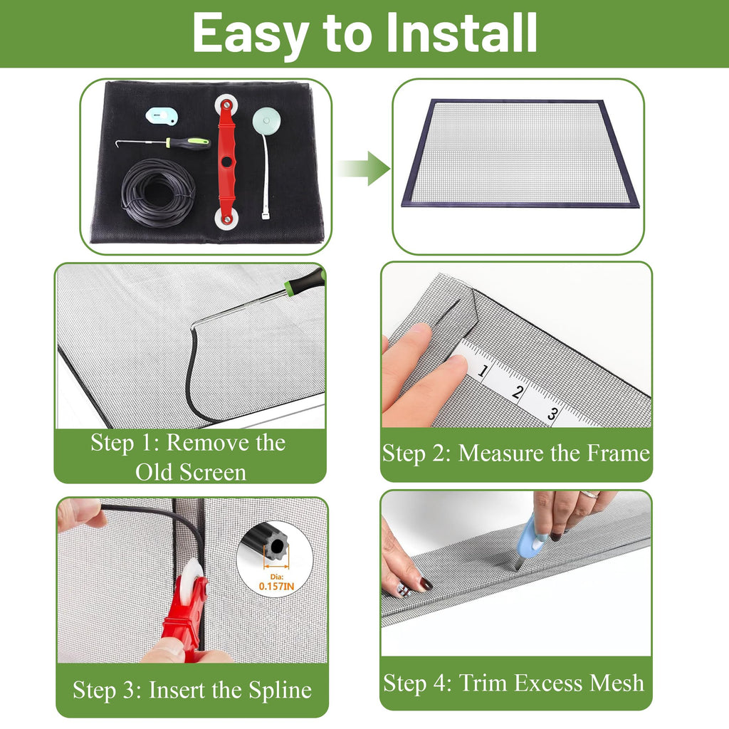 Tsxcnaa Window Screen Repair Kit, 39" x 78" (100 x 200 cm) Window Screen Mesh, Durable Fiberglass with Full Screen Repair Kit for Windows, Sliding Doors, Patio, and Porch Screens (Black)