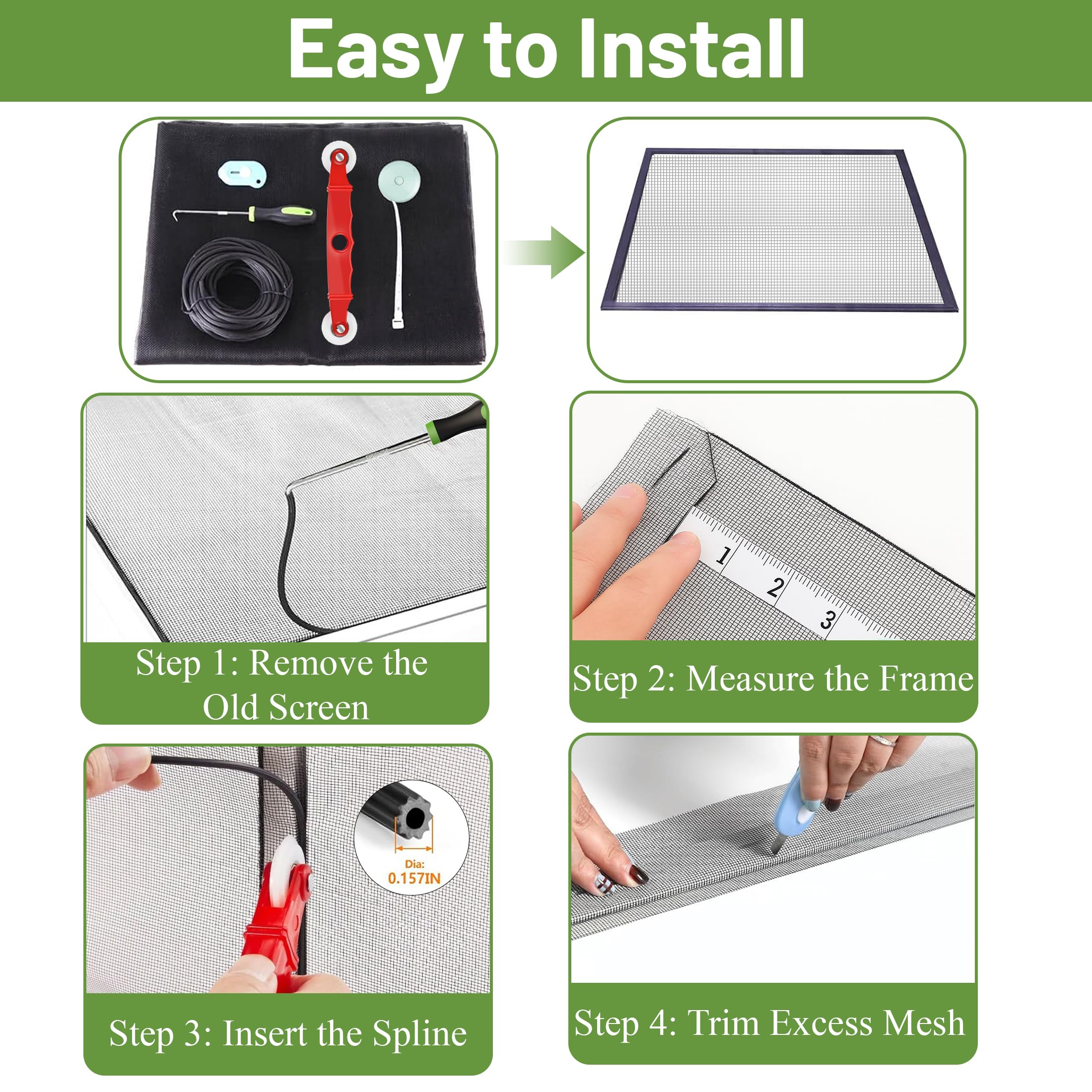 Tsxcnaa Window Screen Repair Kit, 39" x 78" (100 x 200 cm) Window Screen Mesh, Durable Fiberglass with Full Screen Repair Kit for Windows, Sliding Doors, Patio, and Porch Screens (Black)