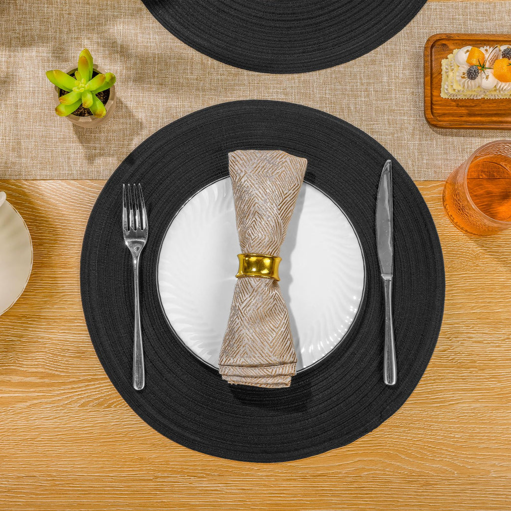 SHACOS Round Braided Placemats Set of 6 Washable Cotton Polyester Woven Round Table Mats 15 inch Heat Resistant (Black, 6)