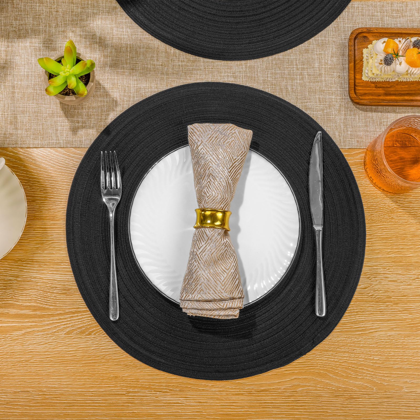 SHACOS Round Braided Placemats Set of 6 Washable Cotton Polyester Woven Round Table Mats 15 inch Heat Resistant (Black, 6)