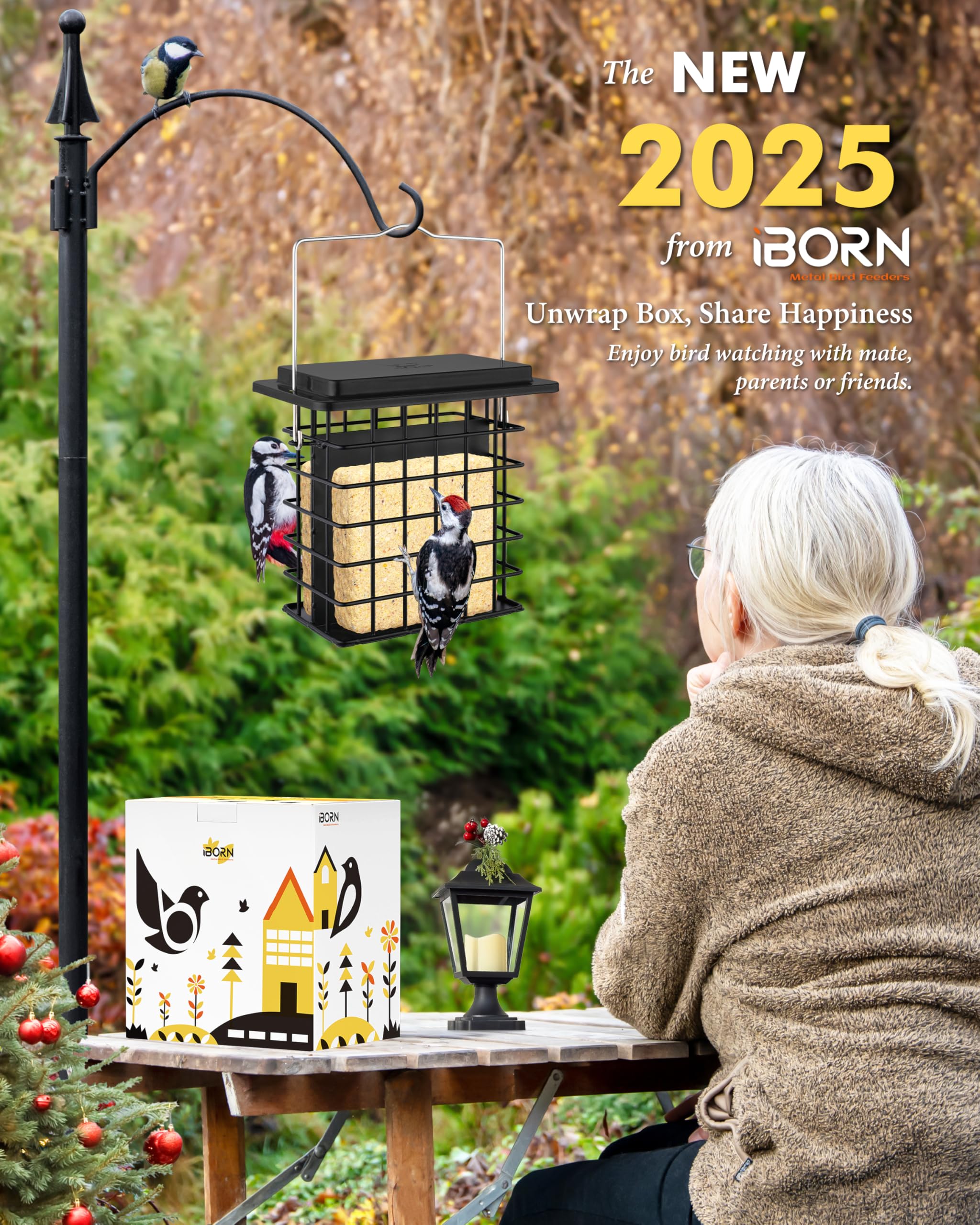 iBorn Double Suet Feeder- Metal Roof Bird Feeder with Taller Grid for Woodpeckers, Suet Cake Cage Bird Feeder for Outdoors Hanging,Easy-Clean & Refill,Metal Black（Pack of 1）