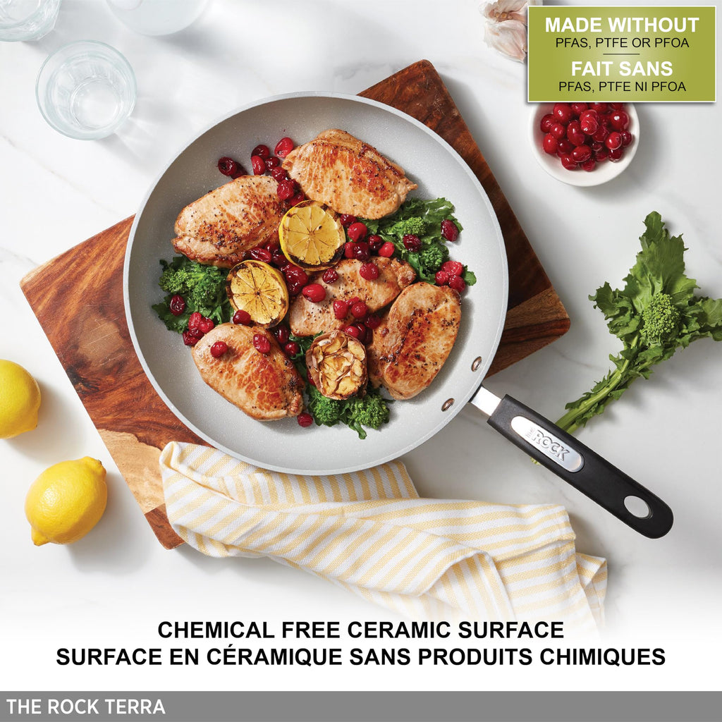 Starfrit The Rock Terra 30cm (12'') Ceramic Non-Stick Deep Fry Pan with Lid - Thick Aluminium Base - PFAS Free - Easy to Clean - Grey