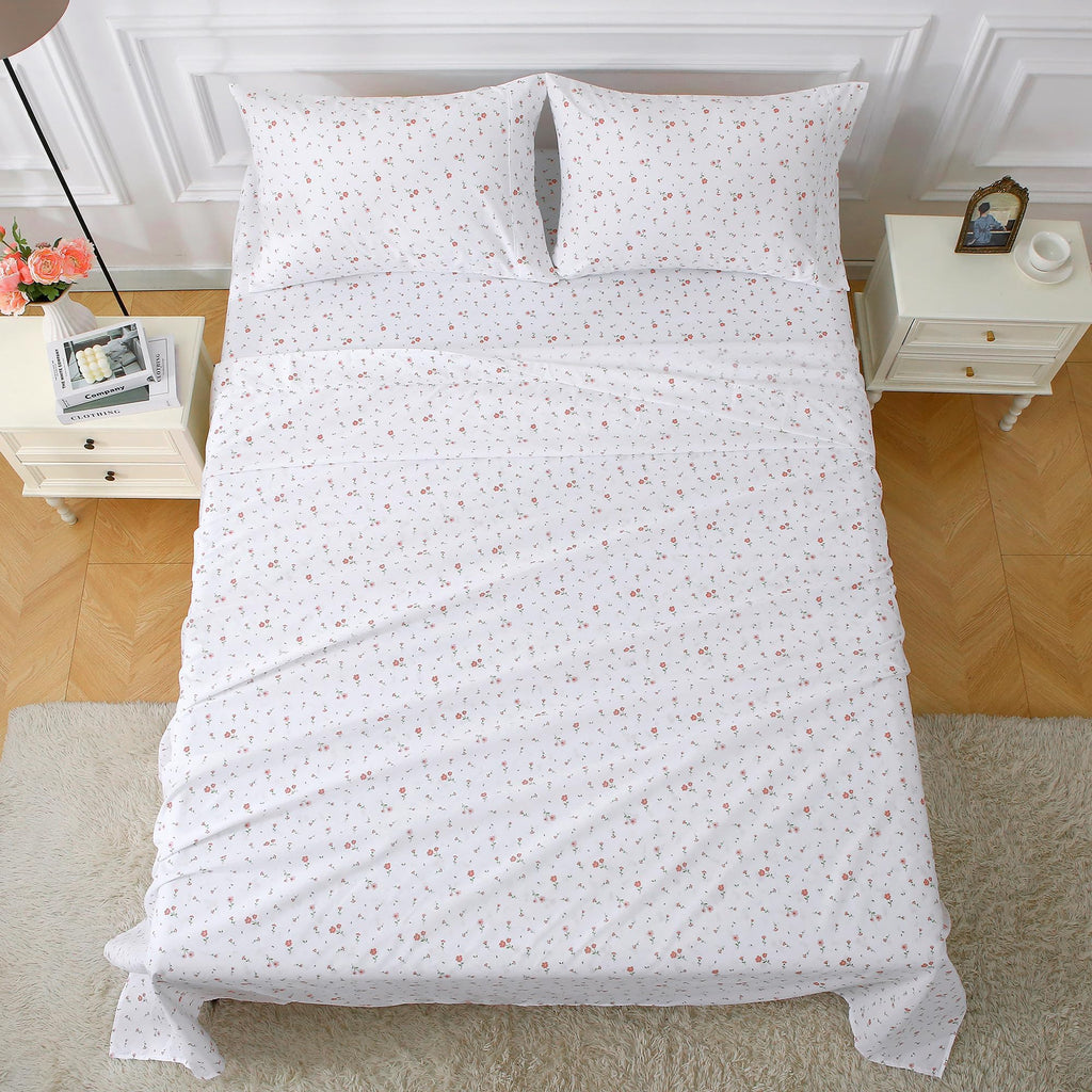 Softan Pink Floral Full Sheet Set Printed Sheets Double - 4 Piece Microfiber Patterned Fitted Sheets with 15" Deep Pocket, Cute Pink Flower Sheets with Straps