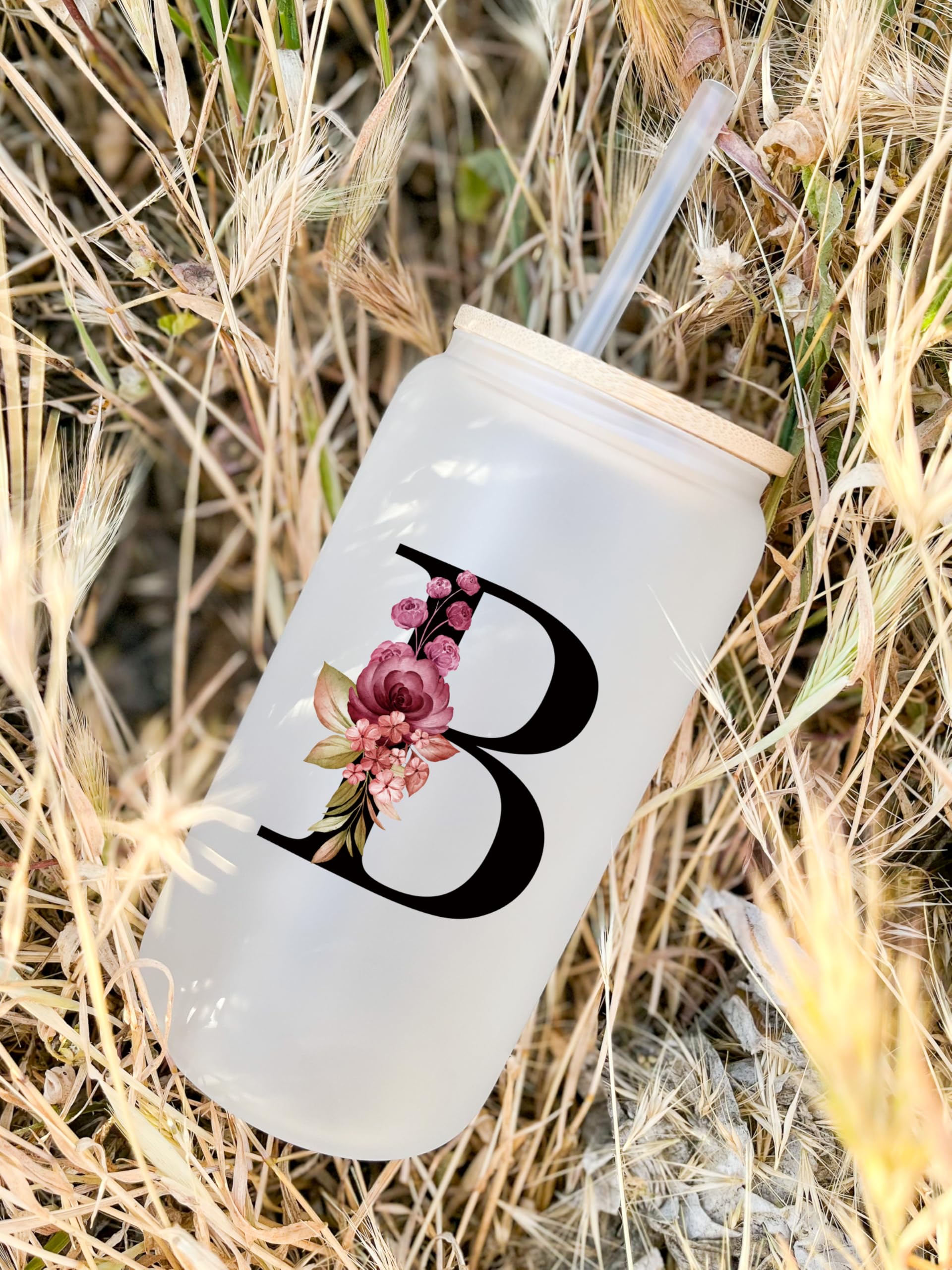 Personalized Gifts for Women, Monogrammed Frosted Glass Tumbler with Straw and Lid, Cute Customized Mug, Custom Initial Iced Coffee Glasses, Customizable Drinking Cup, Birthday Teacher Woman, J