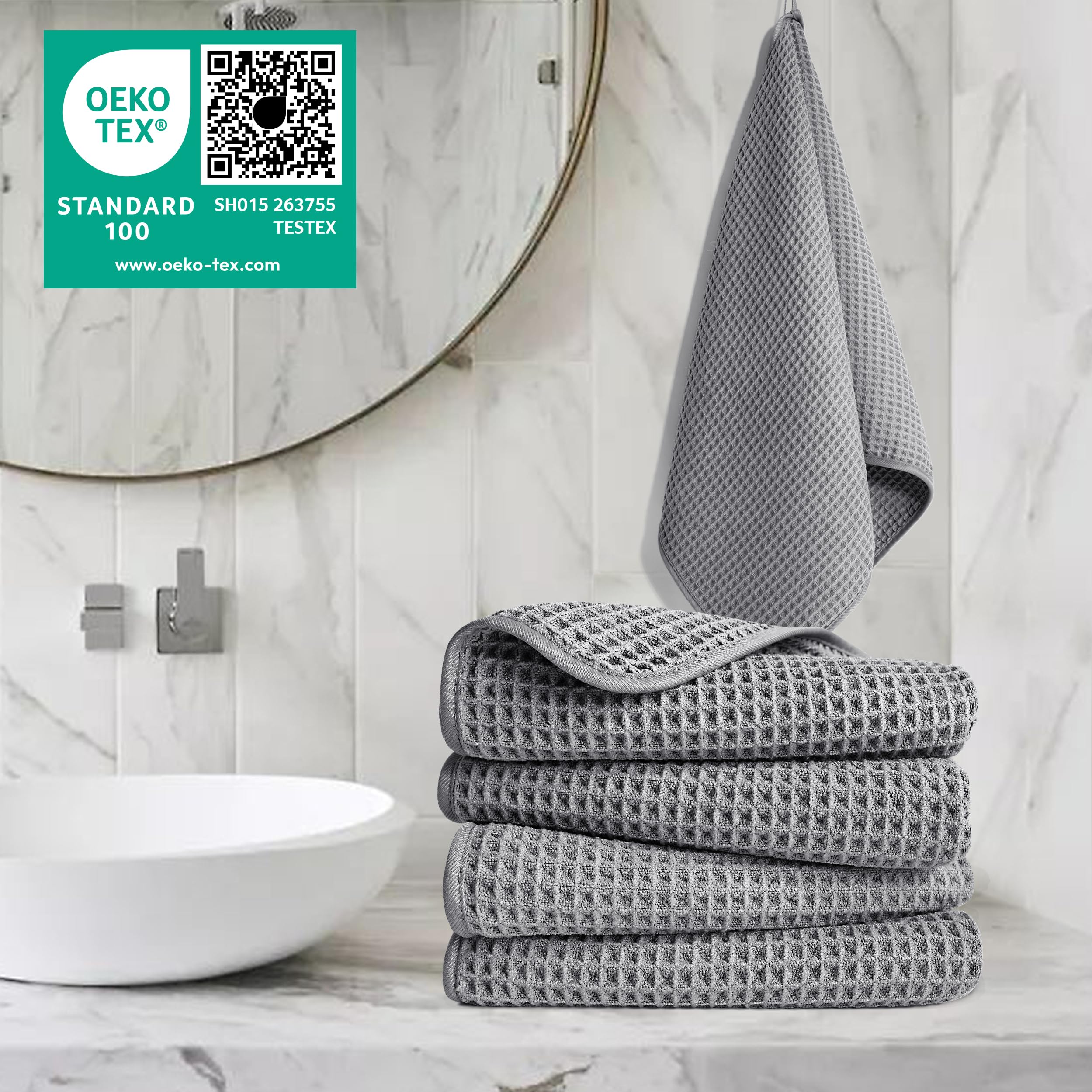 POLYTE 430 GSM Microfiber Lint Free Hand Towel, 16 x 30 in, 4 Pack (Waffle Weave)