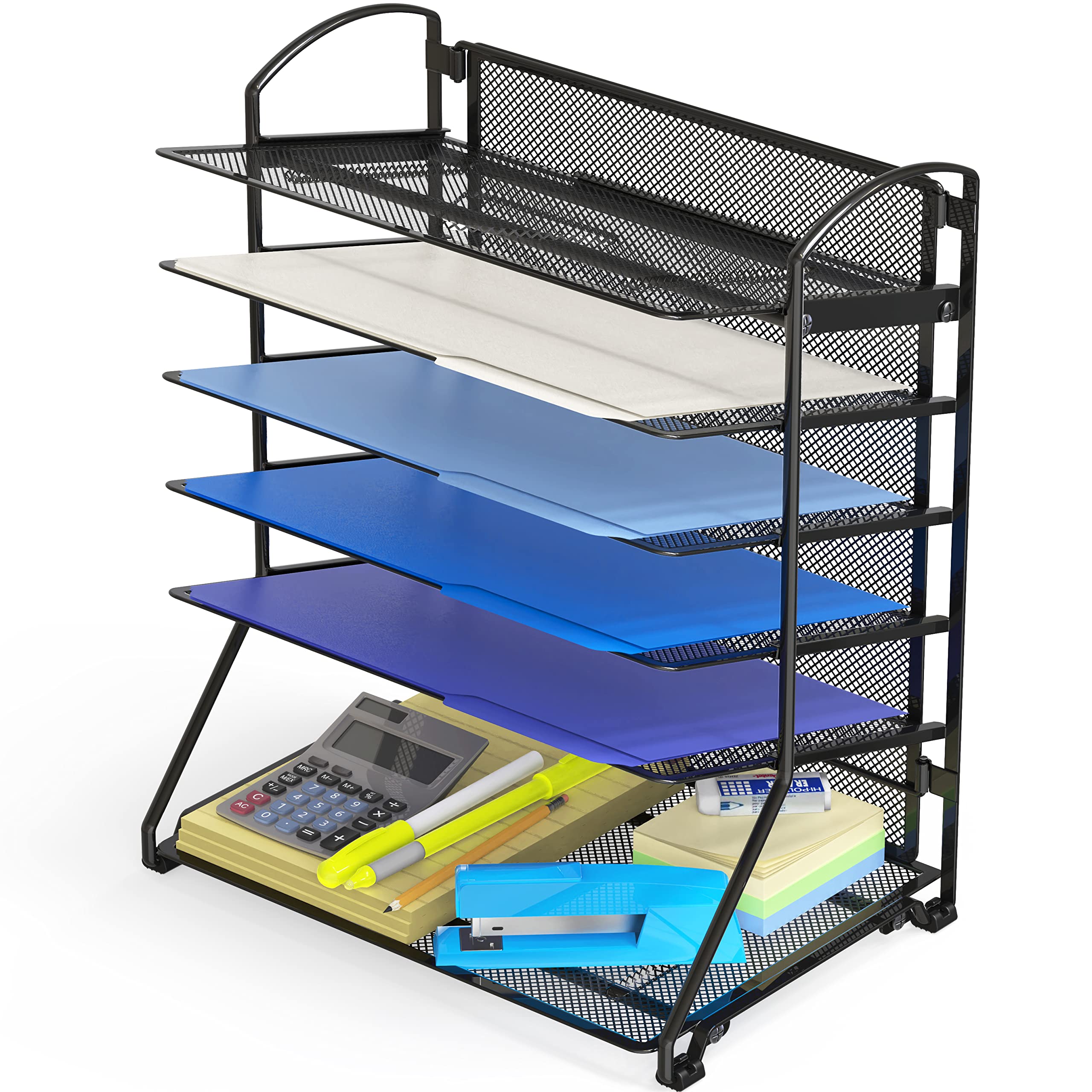 Simple Houseware 6 Tier Sliding File Organizer, Desk Letter Tray for Document and Mail Sorting, Black
