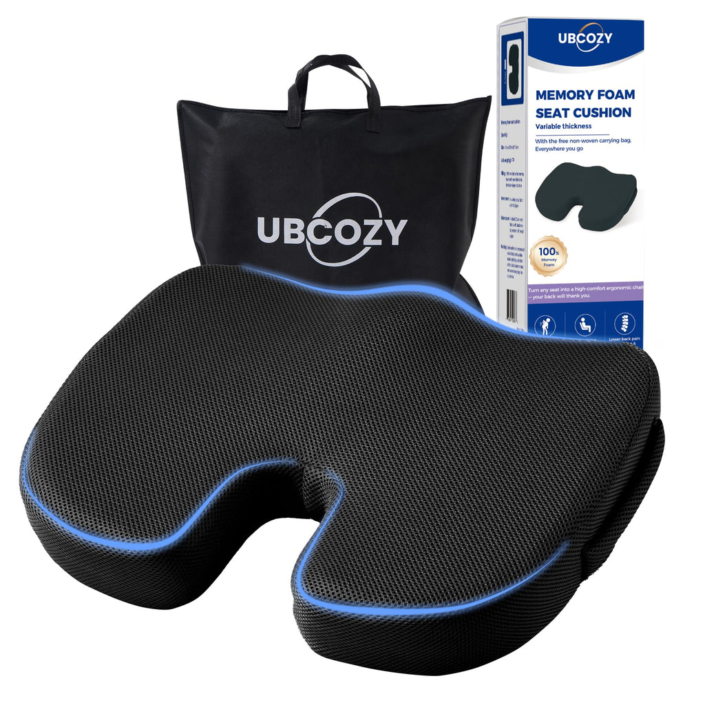 Extra Large Memory Foam Seat Cushions for Office Chairs, Car, Airplane, Wheelchair– Relieves Lumbar, Orthopedic, Sciatic, Coccyx and Back Pain – Comfortable Non-Slip – Bonus Carry Bag Included (Black)