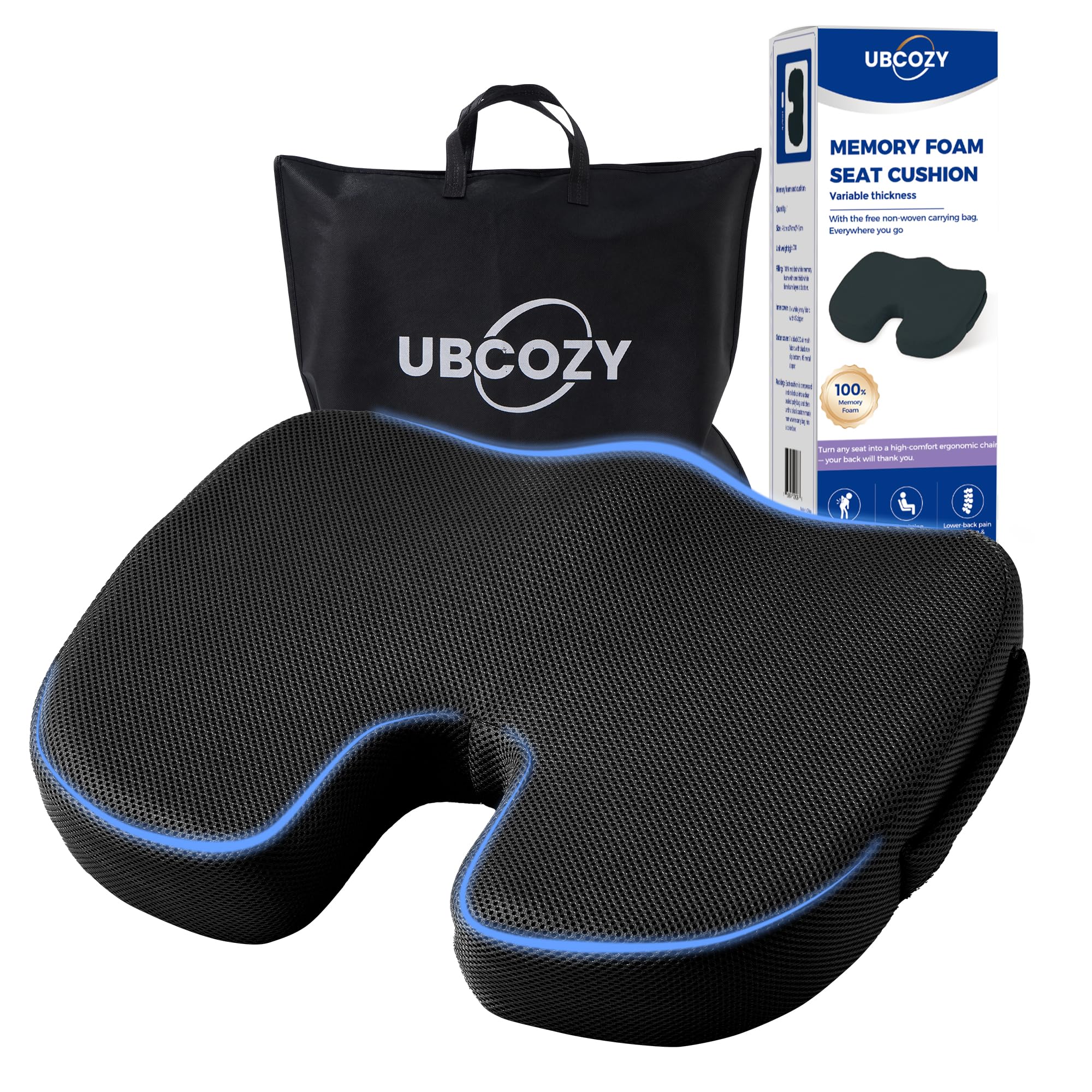 Extra Large Memory Foam Seat Cushions for Office Chairs, Car, Airplane, Wheelchair– Relieves Lumbar, Orthopedic, Sciatic, Coccyx and Back Pain – Comfortable Non-Slip – Bonus Carry Bag Included (Black)