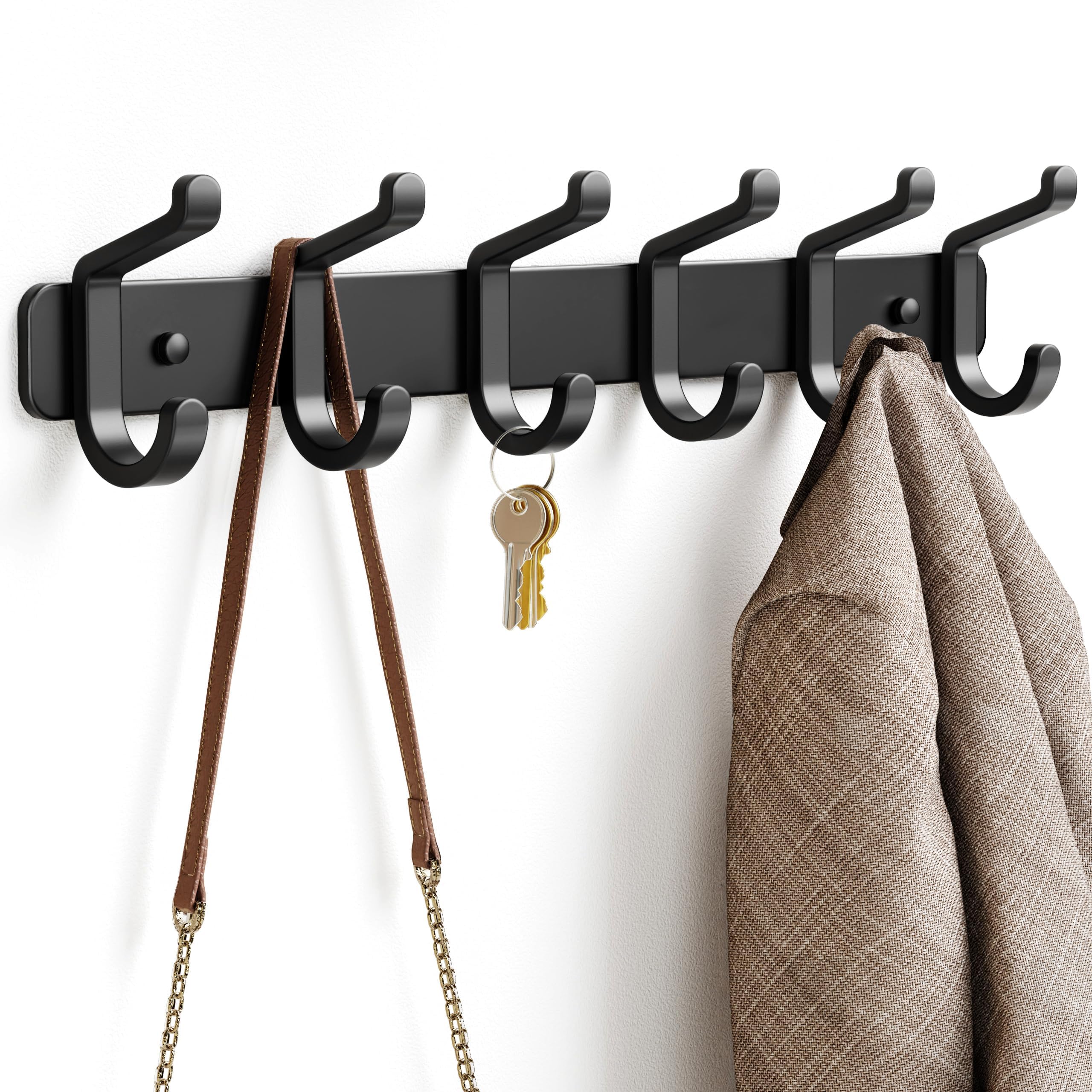 Coat Rack Wall Mounted Heavy-Duty: Metal Coat Hanger 6 Hooks for Hanging Hat, Clothes, Robe, Keys, Backpack, Bathroom Towels, Jacket, Purse - Closet, Door, Entryway, Mudroom (Black, 2 Pack)