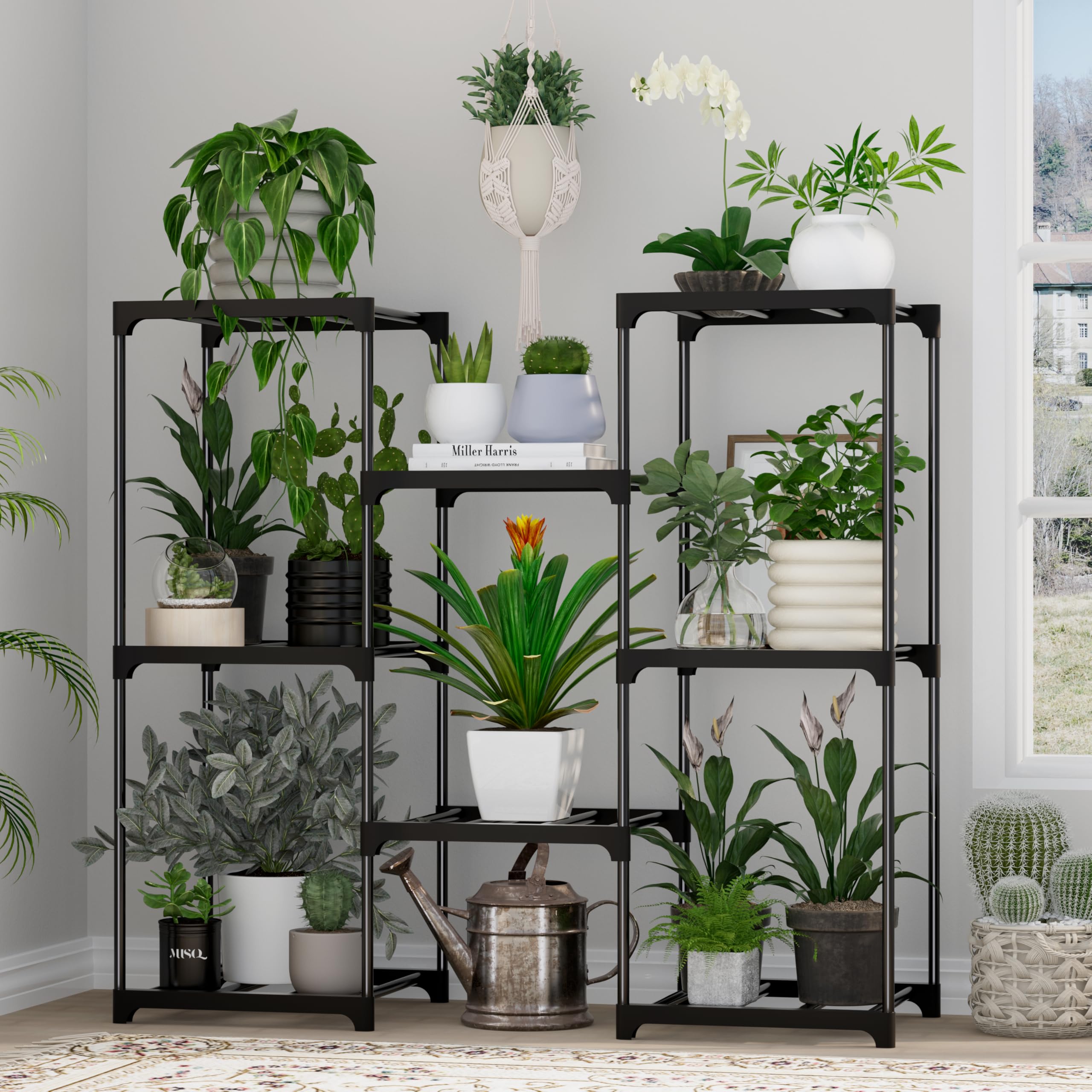 GcdPai Plant Stand Indoor Outdoor Plant Shelf Stand, 3 Tiers 8 Pots Large Potted Metal Flower Plant Rack for Multiple Plants, Hanging Tall Planter Holder for Patio Balcony Living Room Corner Porch