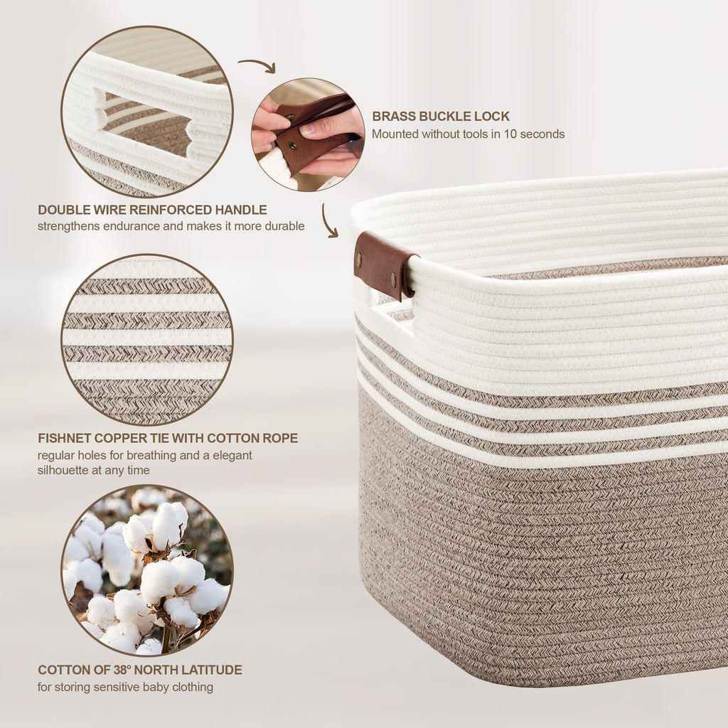 SunNewt 60L Large Laundry Basket with Leather Handles for Living Room Storage, Woven Rope Baskets Bin for Blanket, Kids Toy, Gifts, Wicker Hamper for Bedroom Dirty Clothes, 21"x15"x11" White Brown