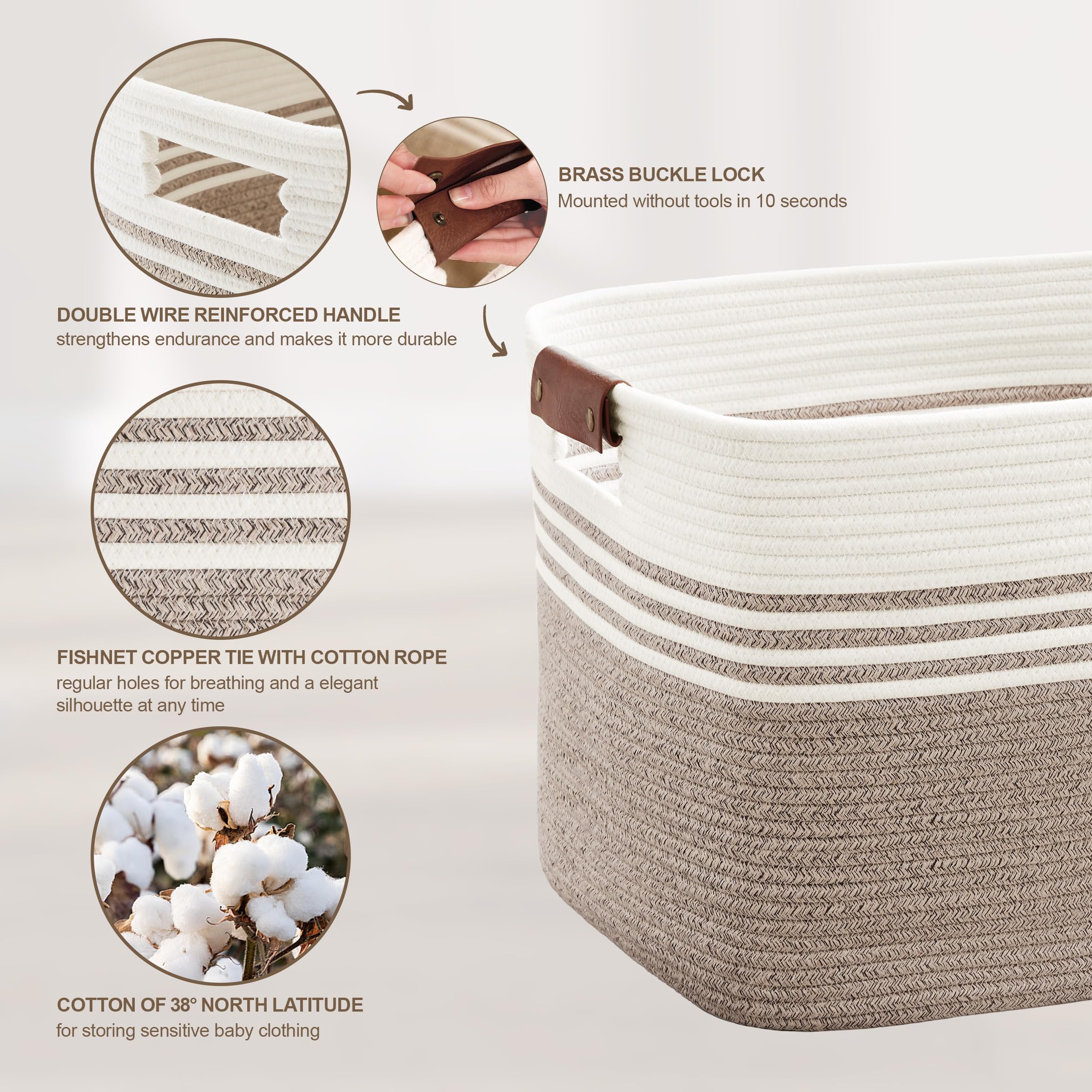 SunNewt 60L Large Laundry Basket with Leather Handles for Living Room Storage, Woven Rope Baskets Bin for Blanket, Kids Toy, Gifts, Wicker Hamper for Bedroom Dirty Clothes, 21"x15"x11" White Brown
