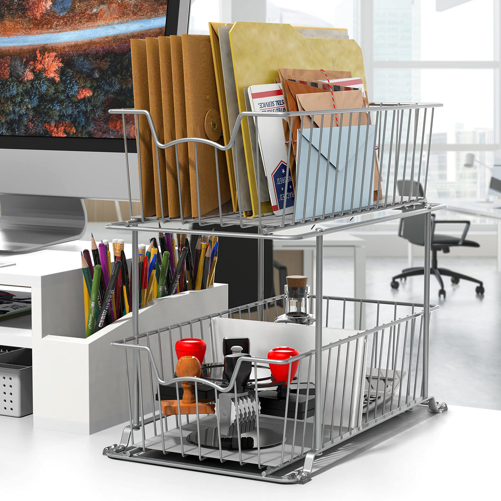Simple Houseware 2 Tier Pull Out Cabinet Wire Basket Drawer Organizer for Under Sink, Kitchen, and Bathroom, Silver