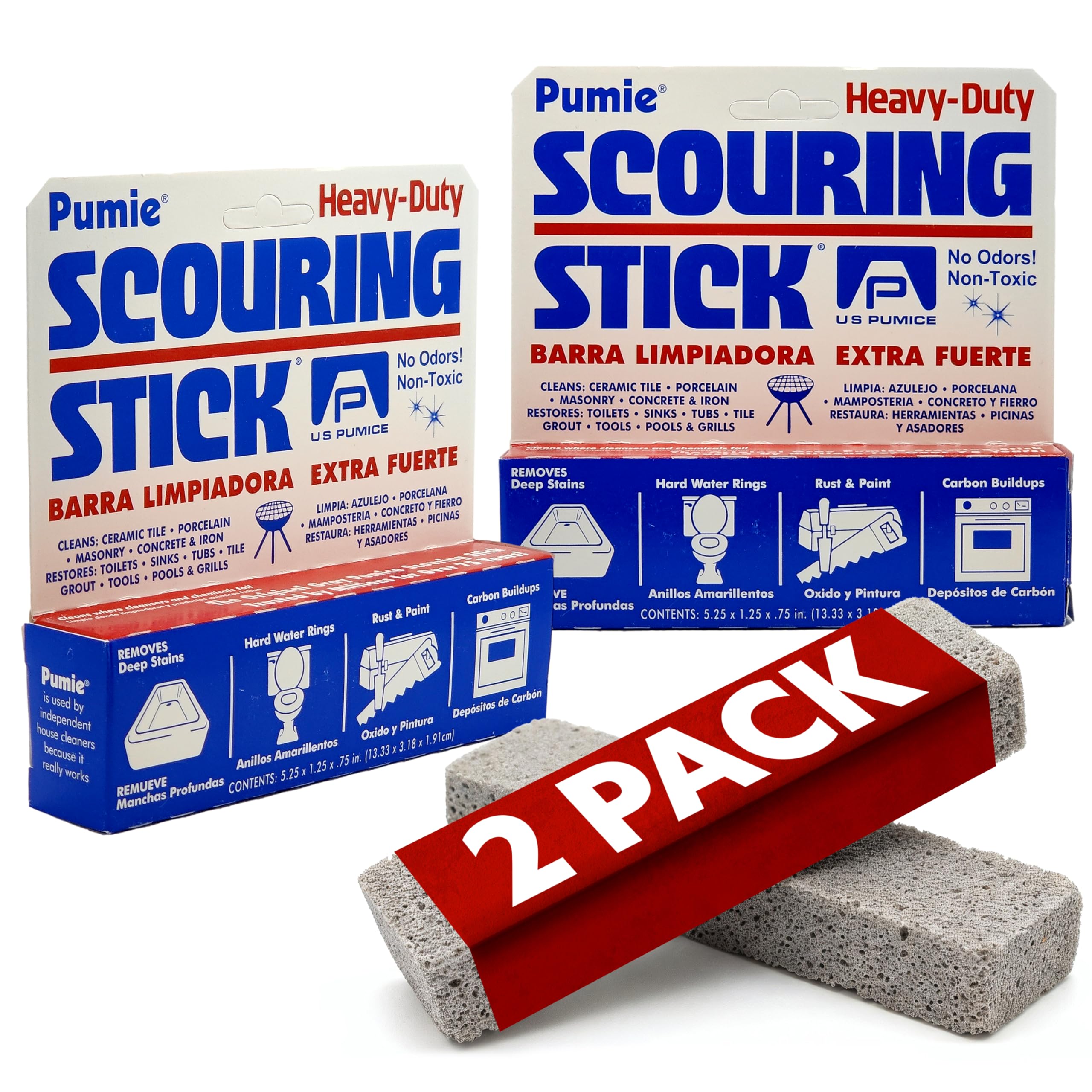 PUMIE Scouring Stick, Heavy Duty Extra Strong Pumice Cleaning Bar, Pumice Stone for Cleaning Tough Toilet Rings, Bathroom & Kitchen Stains - Scouring Stick on Toilet Bowls, Pool, Tiles (2 Pack)