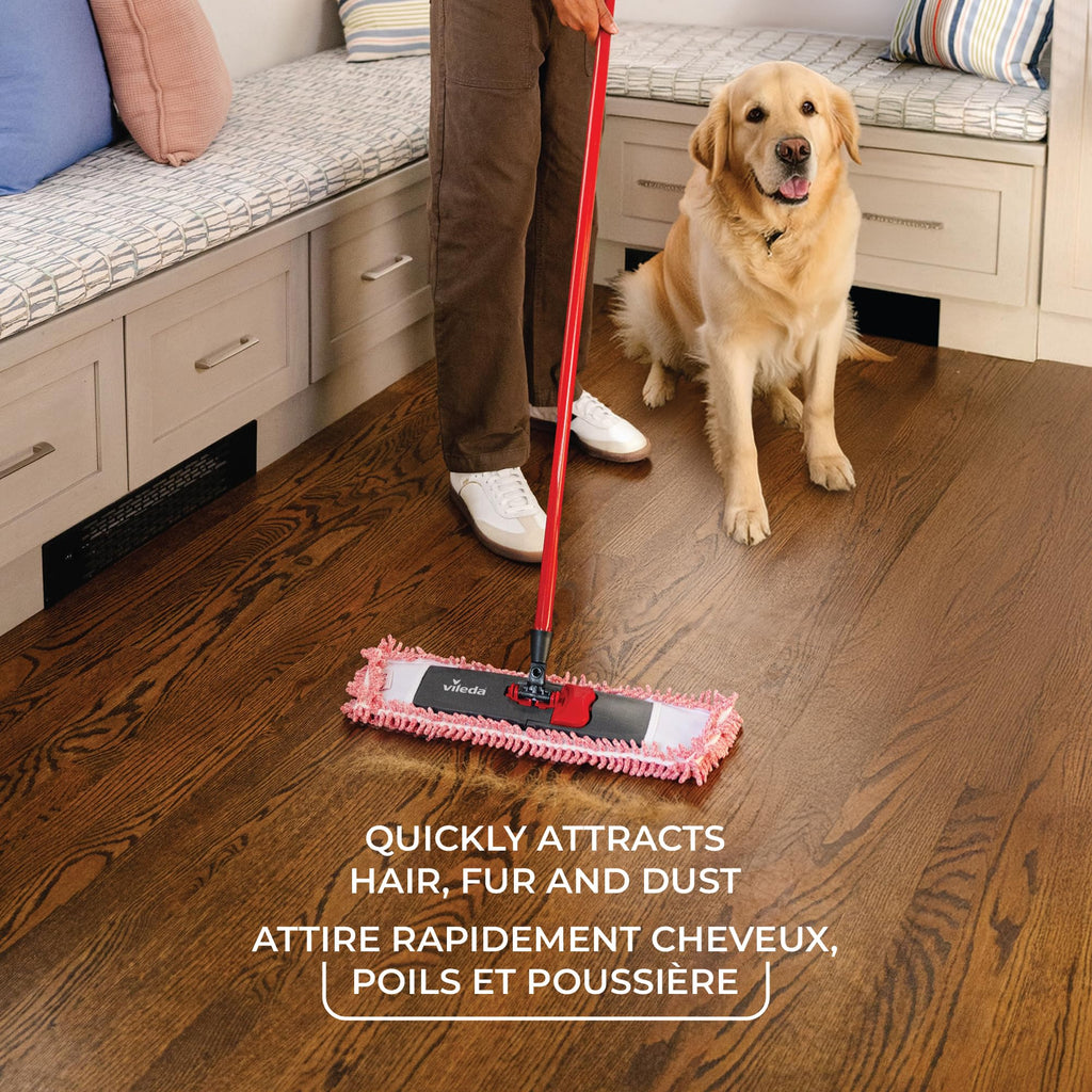 Vileda Pet Pro Microfiber Hair & Dust Mop | Flat dust mop | Three times more pet hair removal | Extra large trapezoid mop head | 100% Microfiber | Multi surface dry usage | Reusable & machine washable