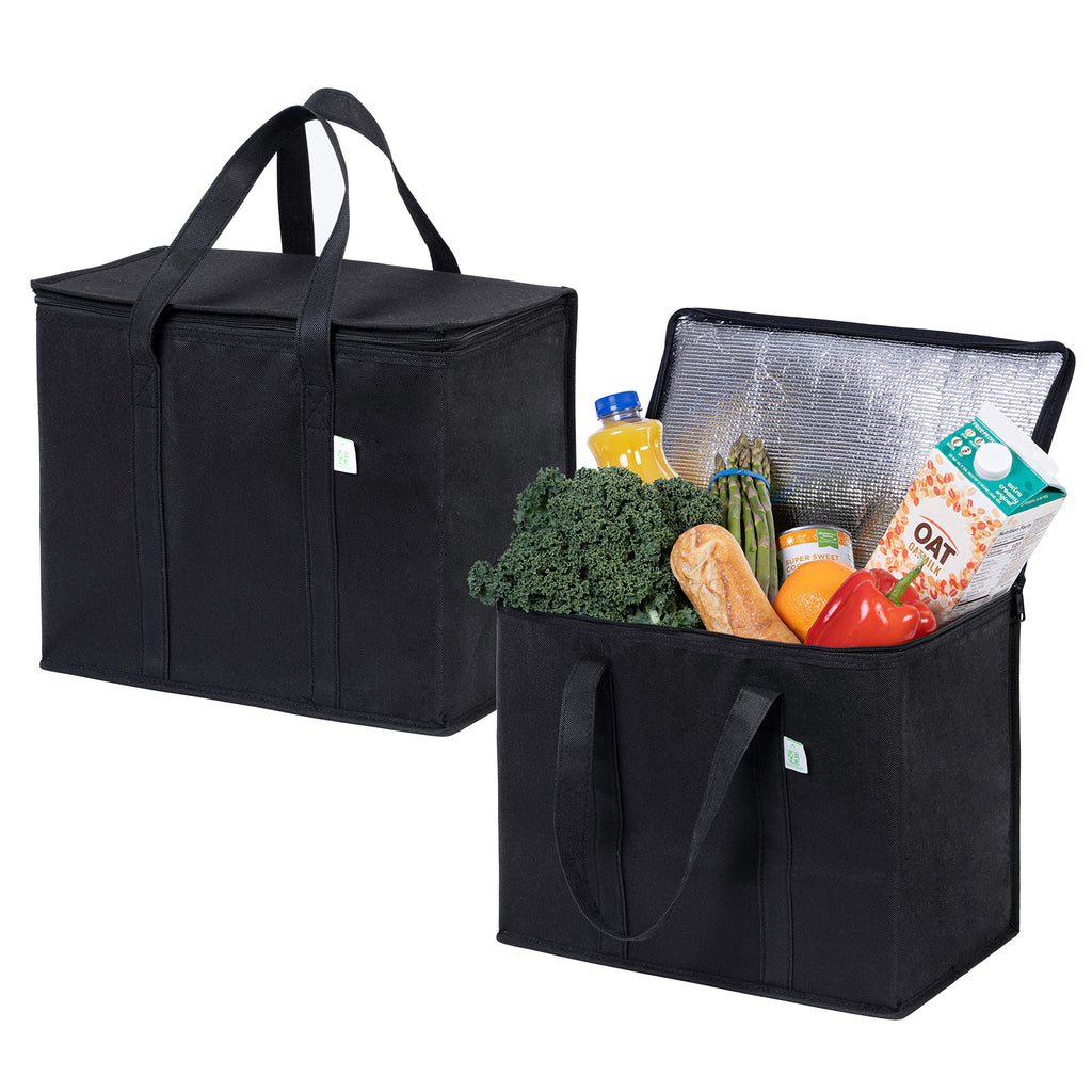 VENO 2 Pack Insulated Reusable Grocery Bag, Food Delivery Bag, Durable, Heavy Duty, Large Size, Stands Upright, Collapsible, Sturdy Zipper, Reusable and Sustainable (Black, 2 Pack)