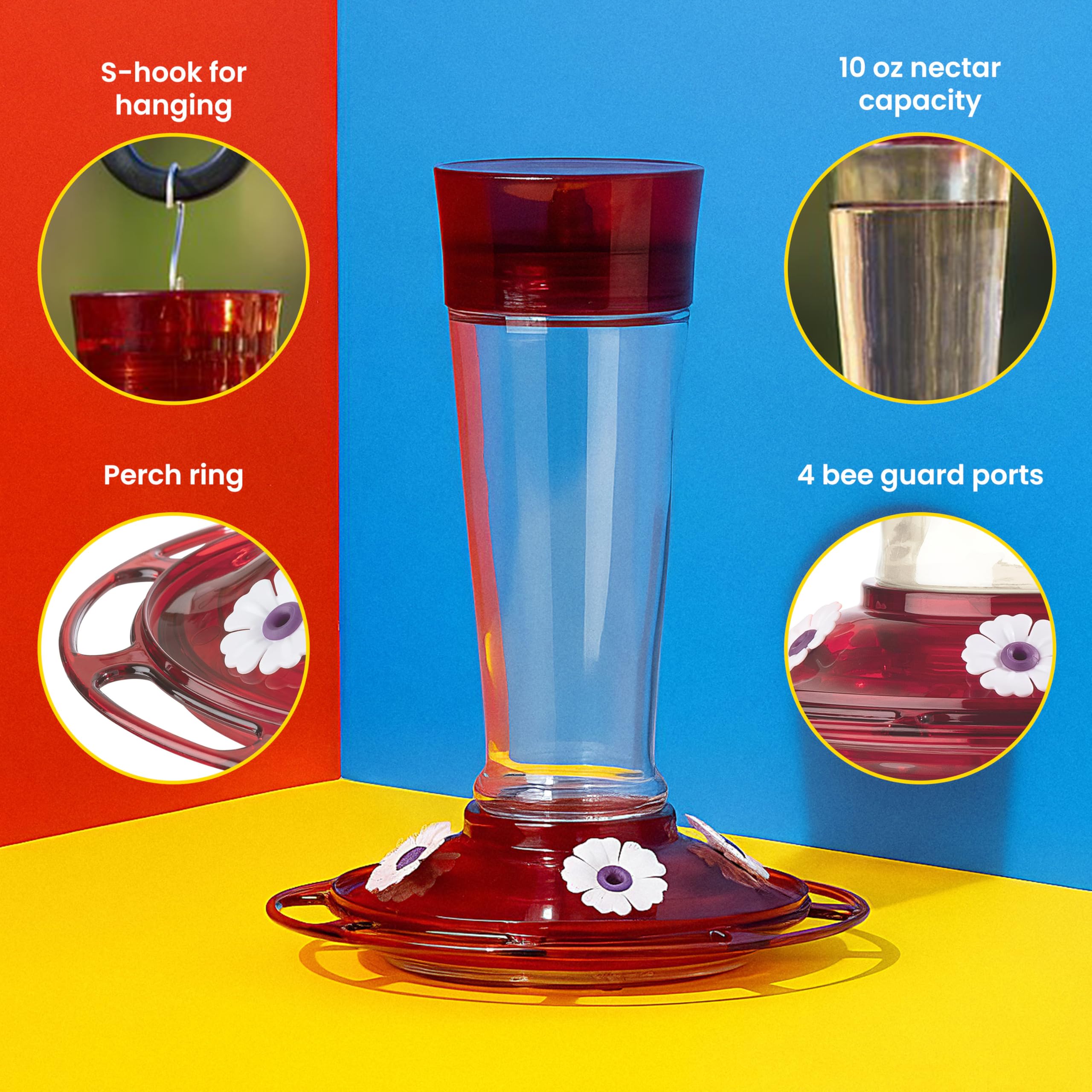 More Birds 35IN-RUB Bird Health Ruby Glass Hummingbird Feeder with Ant Moat - 10 oz