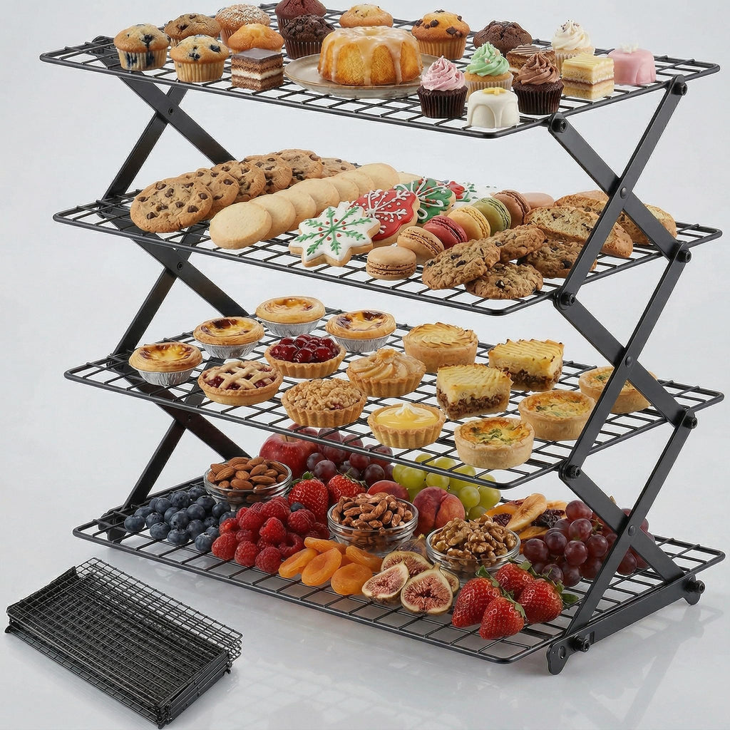 SCDGRW 4-Tier Collapsible Baking Cooling Rack, Small Grid Wire with 3 Adjustable Modes, Non-Stick Heavy Duty Wire Cooling Rack for Roasting, Cooking, Drying