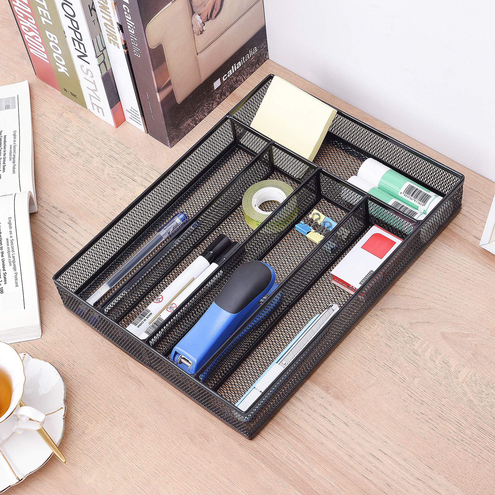 Office Drawer Organizer, 5 Compartments Desk Drawer Organizer Tray for Storage Office Supplies, Art Supplies, Stationery, Black
