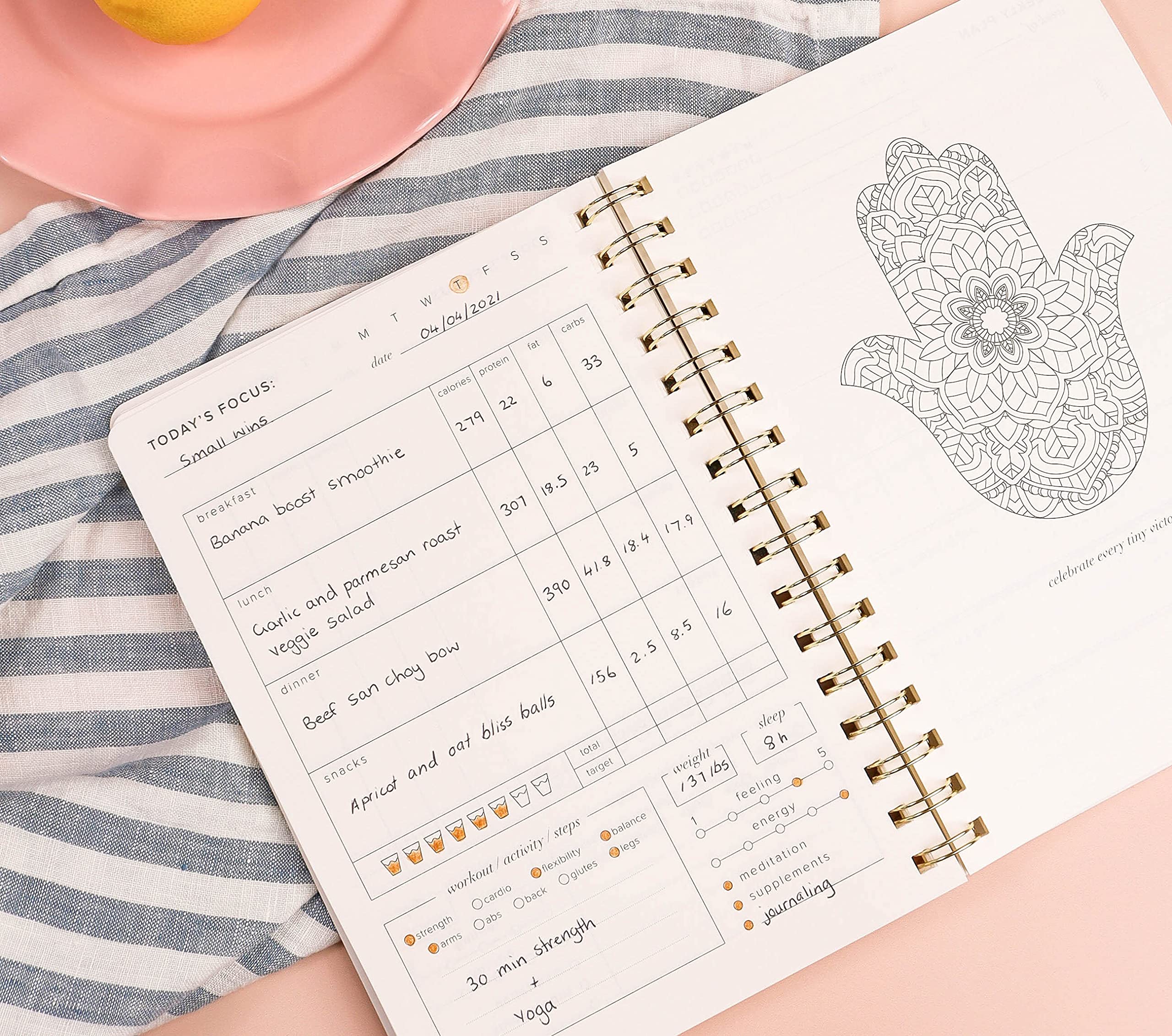 Kunitsa Co. Food and Exercise Journal for Women. Track Meals and Nutrition - 90 days (Pink) 8.5″ x 6″