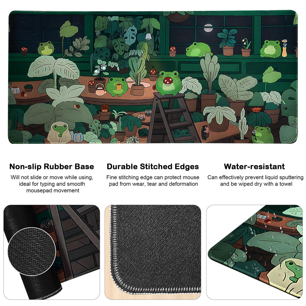 Green Mouse Pad, XXL Cute Anime Gaming Mouse Pad, 35x15.7x0.12 Inch Frog Desk Pad for Keyboard and Mouse, Large Kawaii Mousepad for Girls Women's Home Office Laptop PC Computer