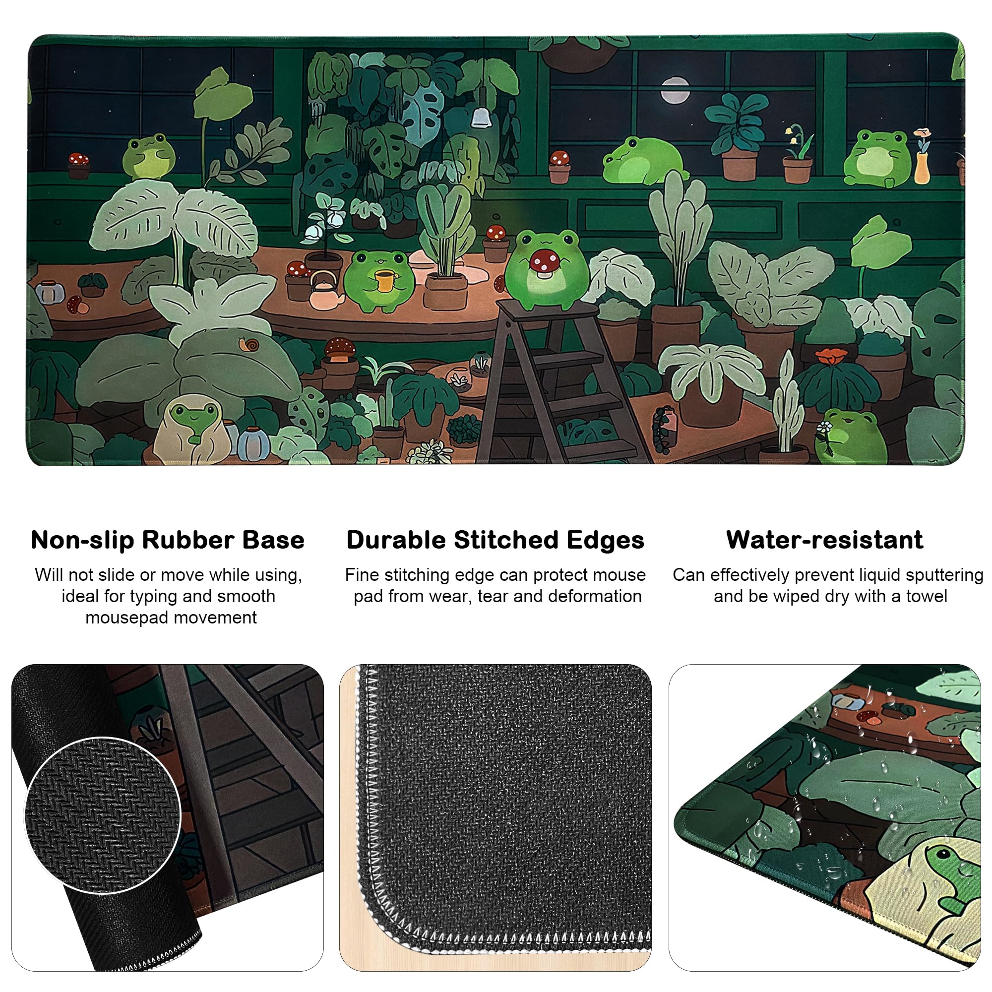 Green Mouse Pad, XXL Cute Anime Gaming Mouse Pad, 35x15.7x0.12 Inch Frog Desk Pad for Keyboard and Mouse, Large Kawaii Mousepad for Girls Women's Home Office Laptop PC Computer