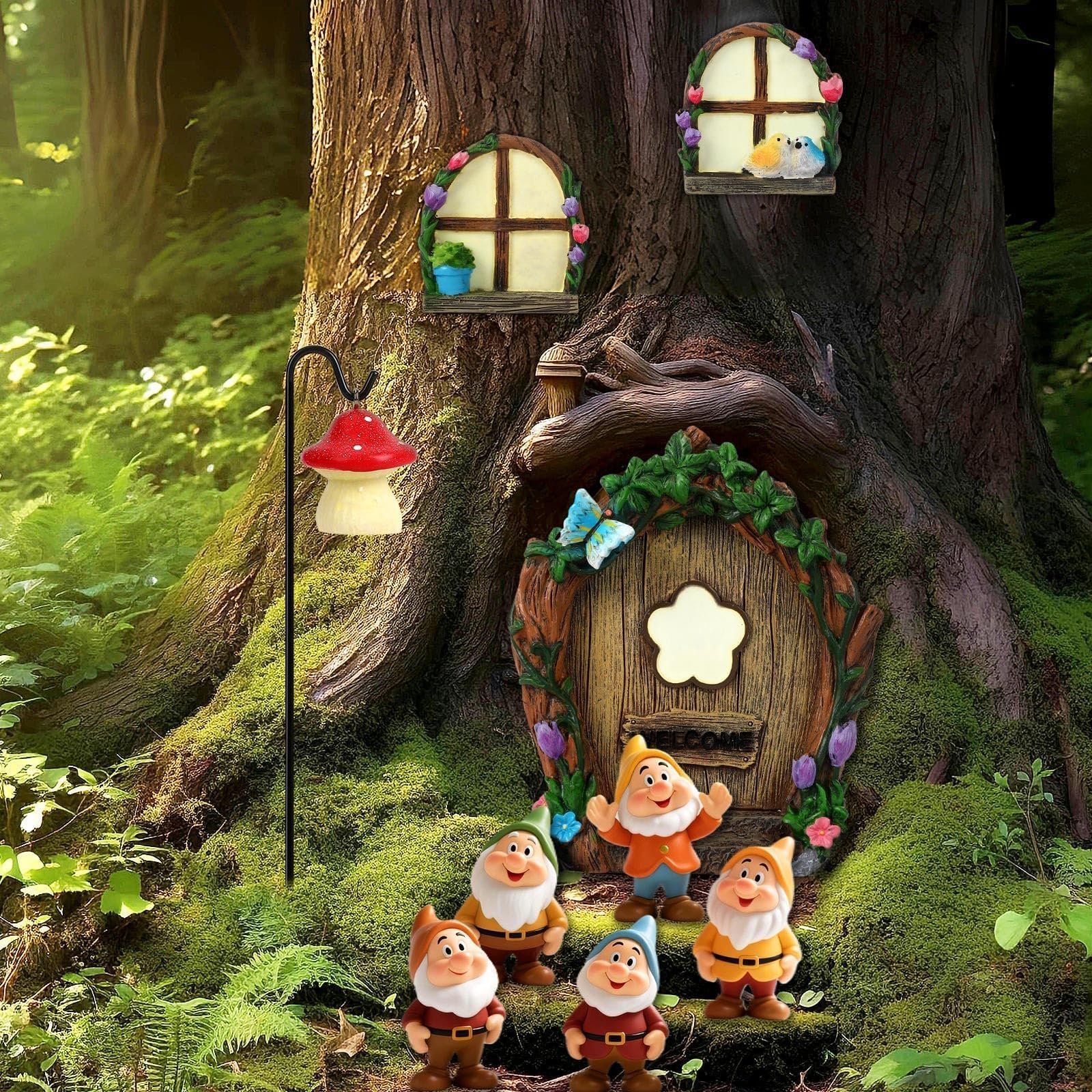 Augshy 4 Pcs Fairy Door Windows and Lantern for Trees Glow in The Dark, Fairy Doors for Trees Outdoor for Rooms Gnome Outdoor Courtyards Lawns Garden Decorations