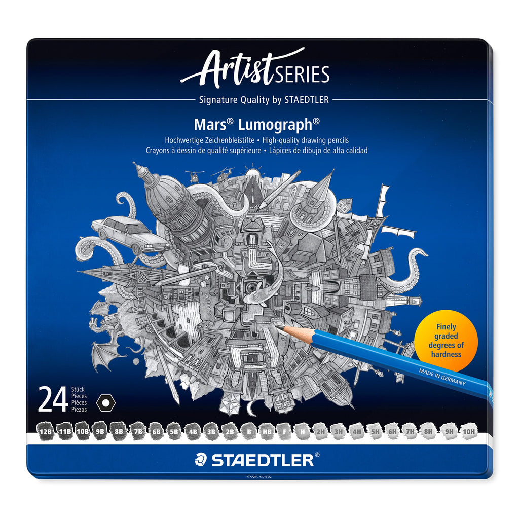 Staedtler Mars Lumograph Art Drawing Pencils, Graphite Pencils in Metal Case, Break-Resistant Bonded Lead, Grades 12B-10H, Set of 24