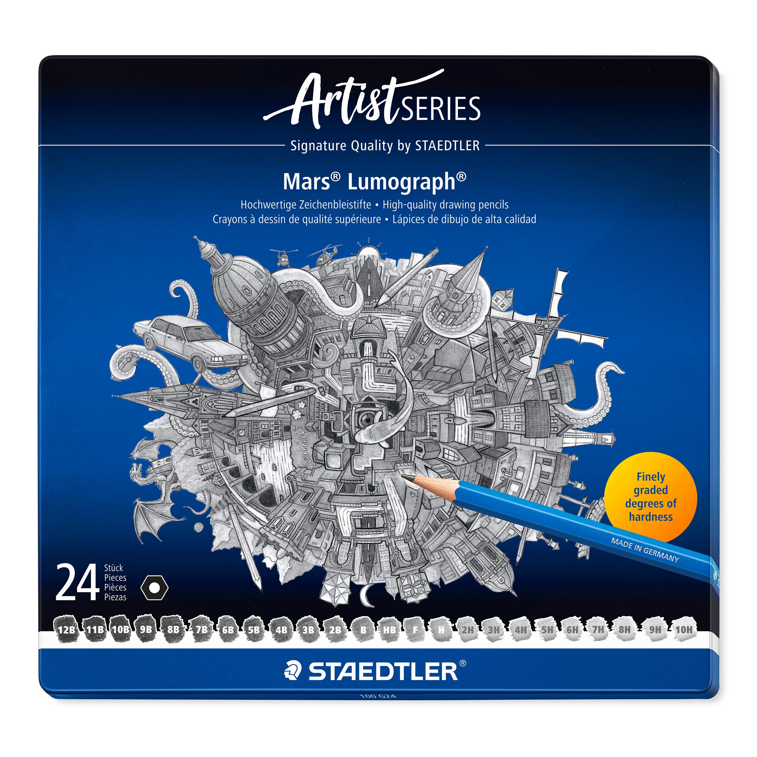 Staedtler Mars Lumograph Art Drawing Pencils, Graphite Pencils in Metal Case, Break-Resistant Bonded Lead, Grades 12B-10H, Set of 24