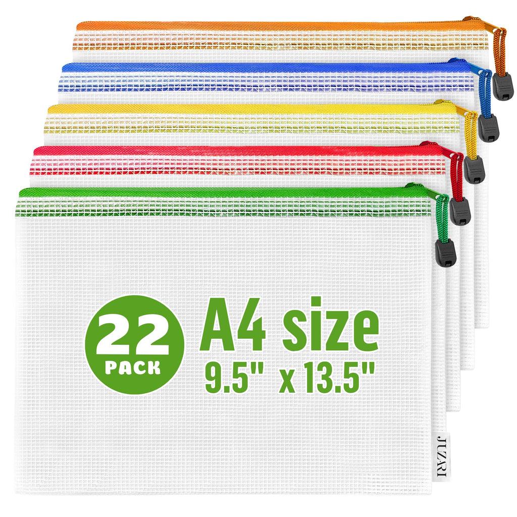 22 Pack A4 Mesh Zipper Pouch Bags - Plastic Zipper Pouches for Organizing 13.5x9.5 in - Document Bags With Zippers - Letter Size Zippered Pouch - Document Pouches With Zippers