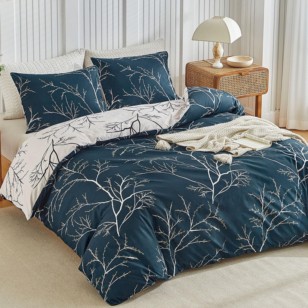 Duvet Cover Queen, Tree Branches Pattern Bed Sets, Ultra Soft Microfiber Bed Set, 3 Piece Breathable Queen Duvet Cover Set with Zipper Closure, Corner Ties, (90x90 Inch, Blue)