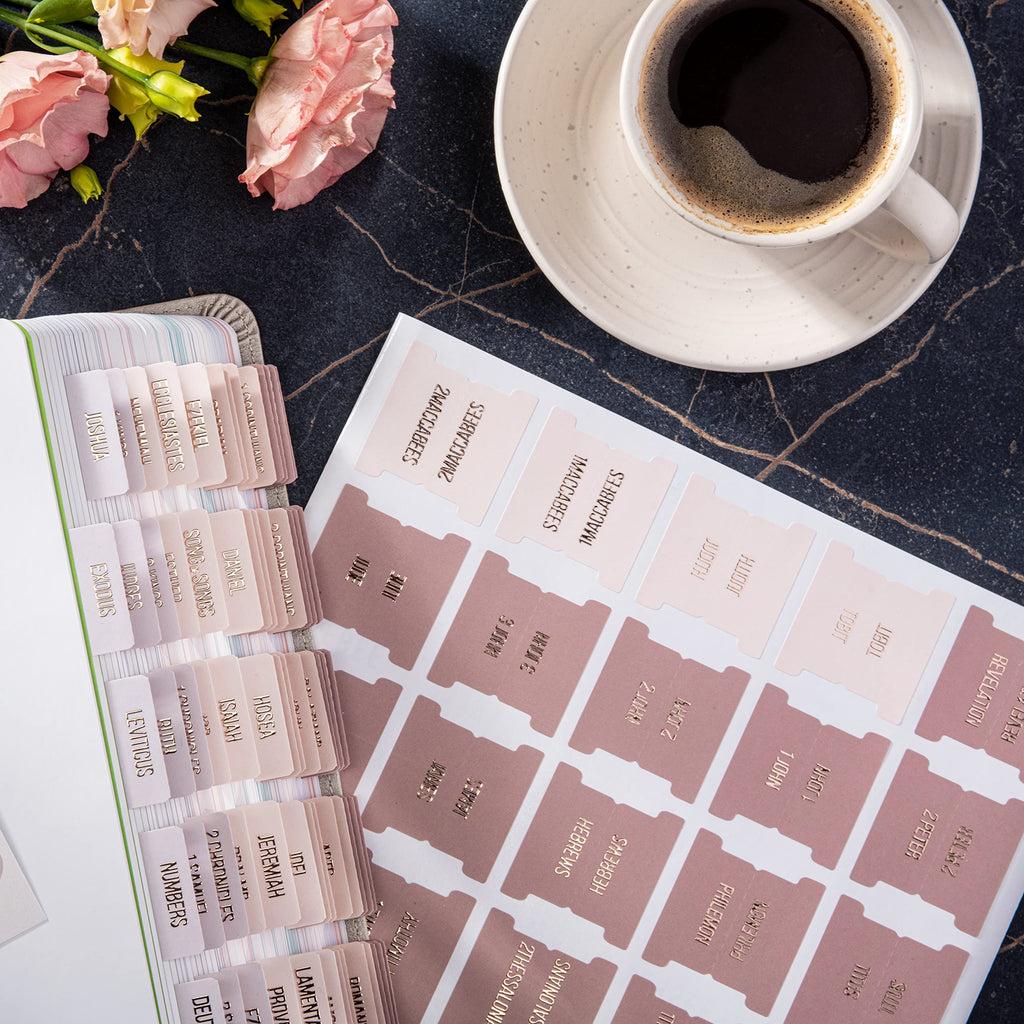 DiverseBee Laminated Bible Tabs (Rose Gold Embossed Lettering), Bible Journaling Supplies, Book Tabs, Christian Gift, 73 Tabs for Women and Men, Includes 4 Blank Dividers (Pearl)