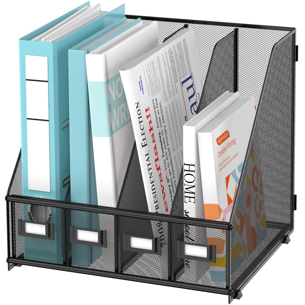 SUPEASY Magazine File Holder, Binder Holder Metal Desk Organizer with 4 Rack Compartments, File Organizer for Office Home School, Black