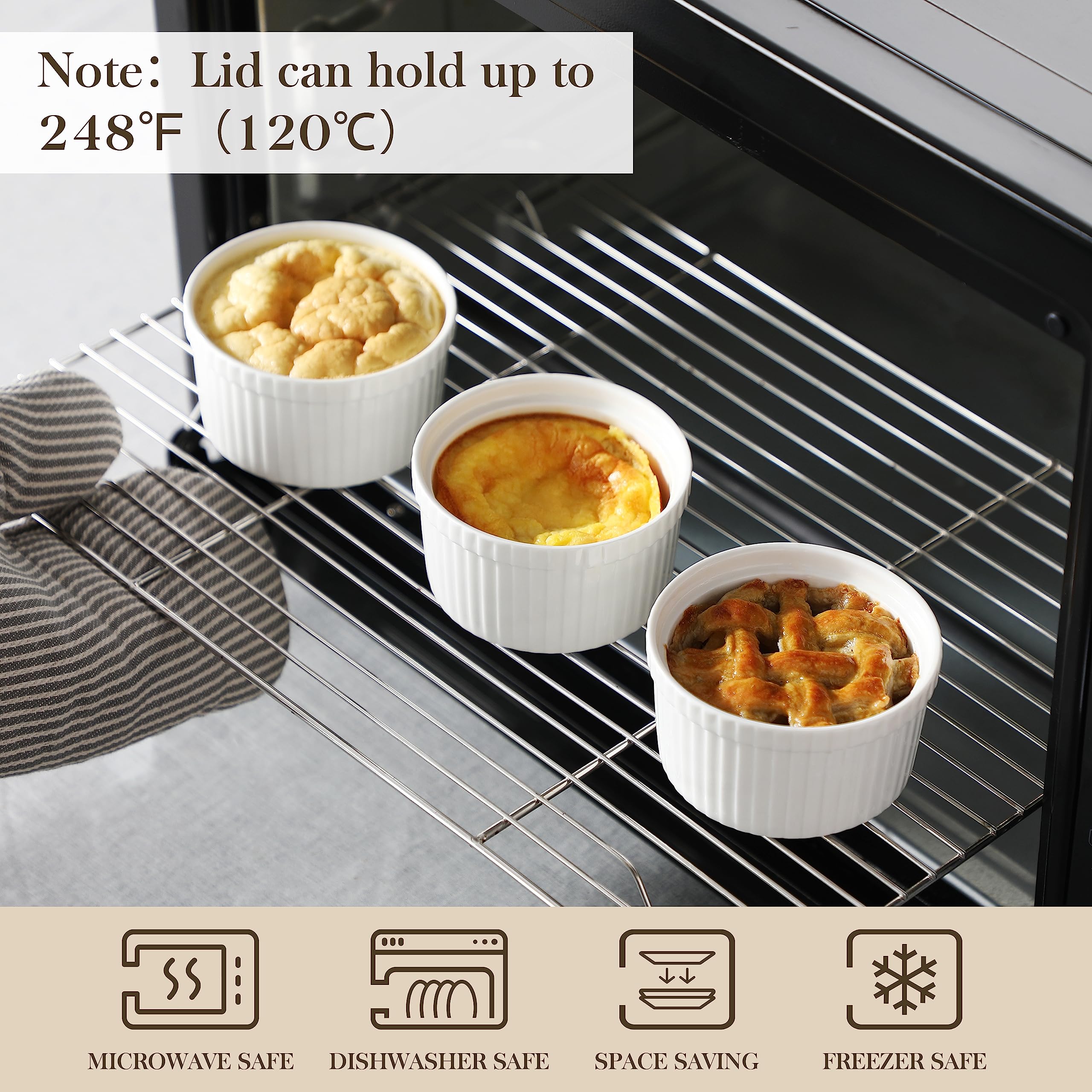 MALACASA 8 oz Ramekins with Lids, WhitePorcelain Creme Brulee Souffle Ramekins Ceramic Custard Cups Set of 6, Dishwasher and Oven Safe, Series RAMEKIN. DISH