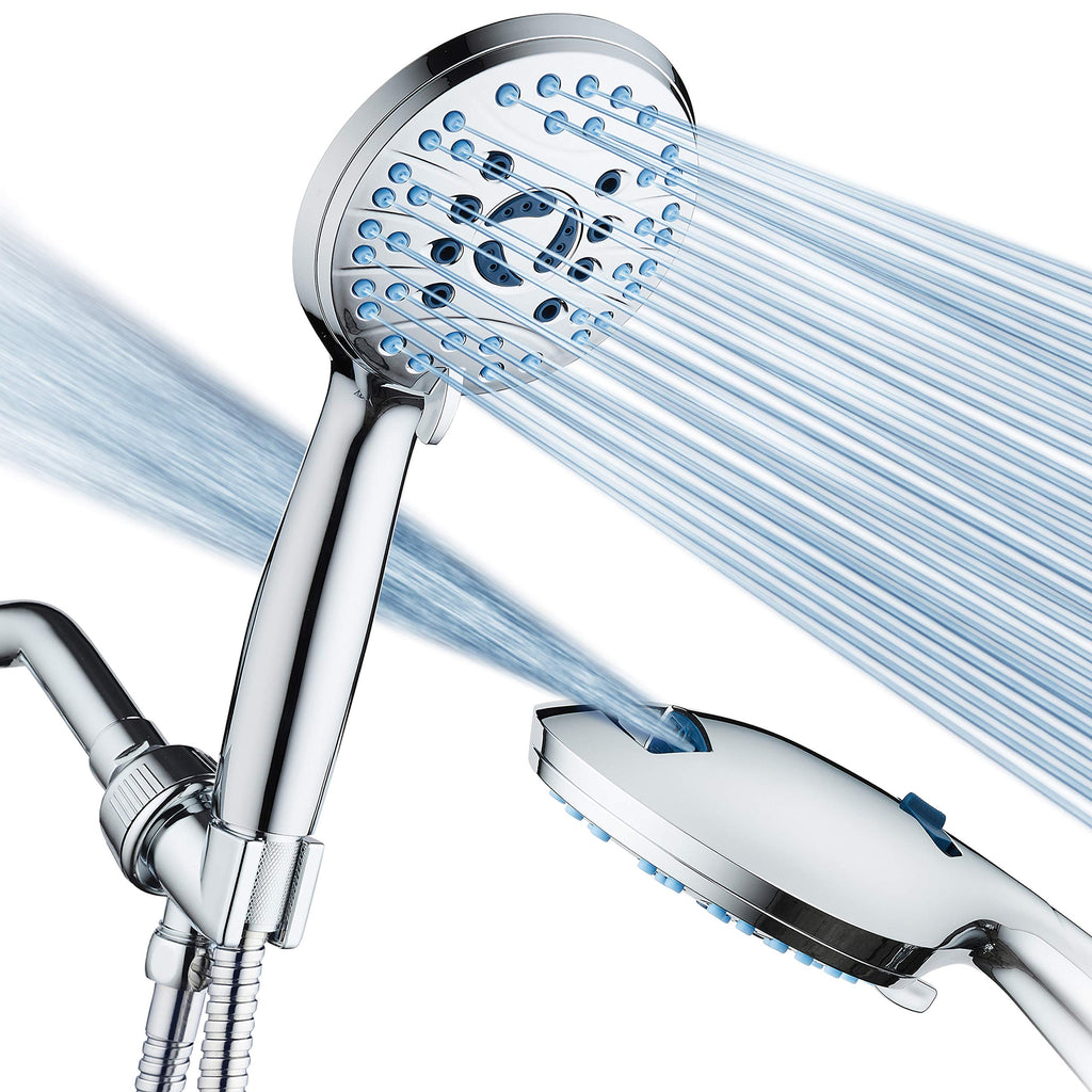 AquaCare High Pressure 8-Mode Handheld Shower Head - Anti-Clog Nozzles, Built-in Power Wash to Clean Tub, Tile & Pets, Extra Long 6 ft. Stainless Steel Hose, Wall & Overhead Brackets