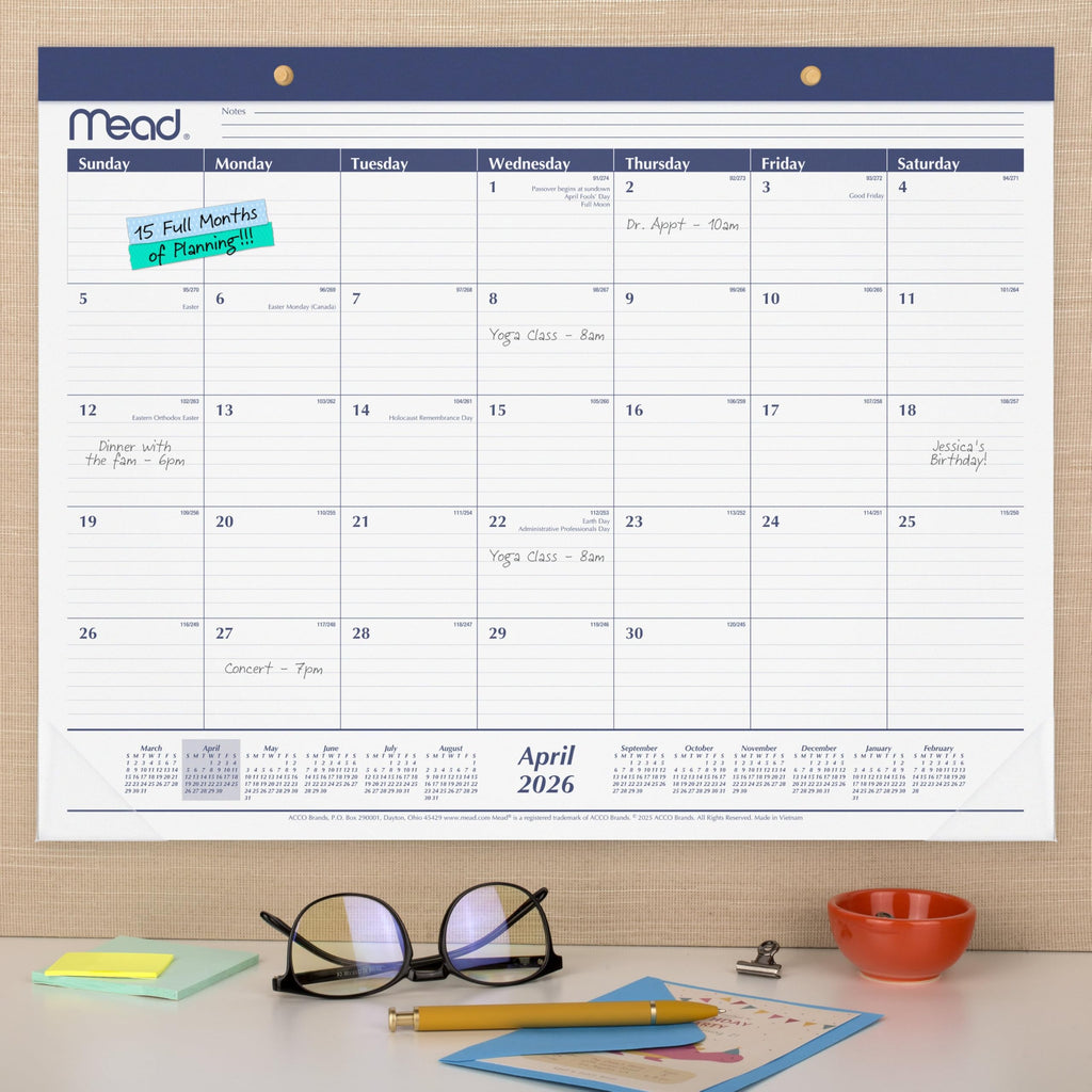 Mead Desk Calendar 2026-2027 Planning Pad, Academic 15-Month April-June, Monthly, 21-3/4" x 17" Standard, Ruled Daily Block, Basic (CAM92020)