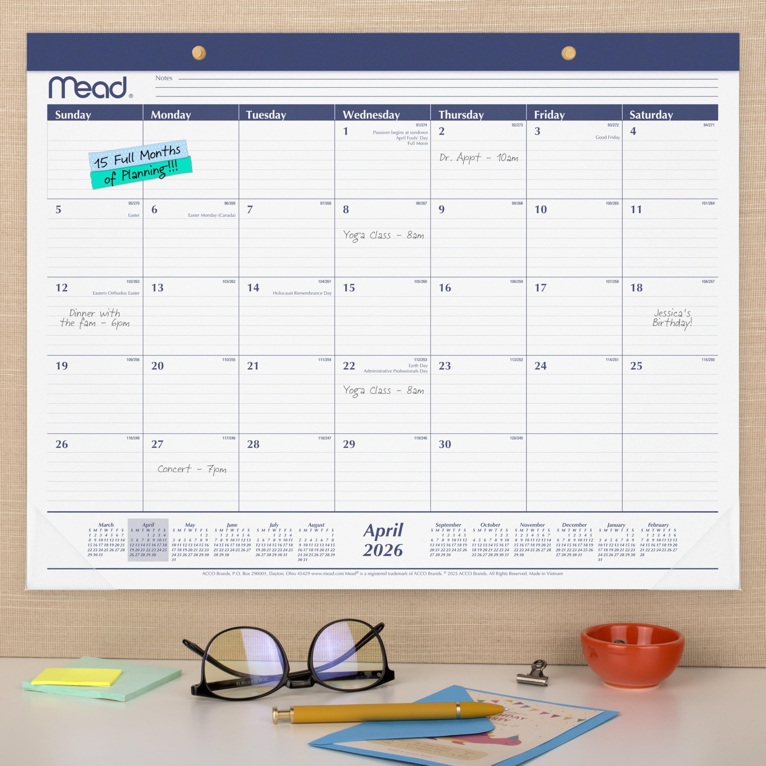 Mead Desk Calendar 2026-2027 Planning Pad, Academic 15-Month April-June, Monthly, 21-3/4" x 17" Standard, Ruled Daily Block, Basic (CAM92020)