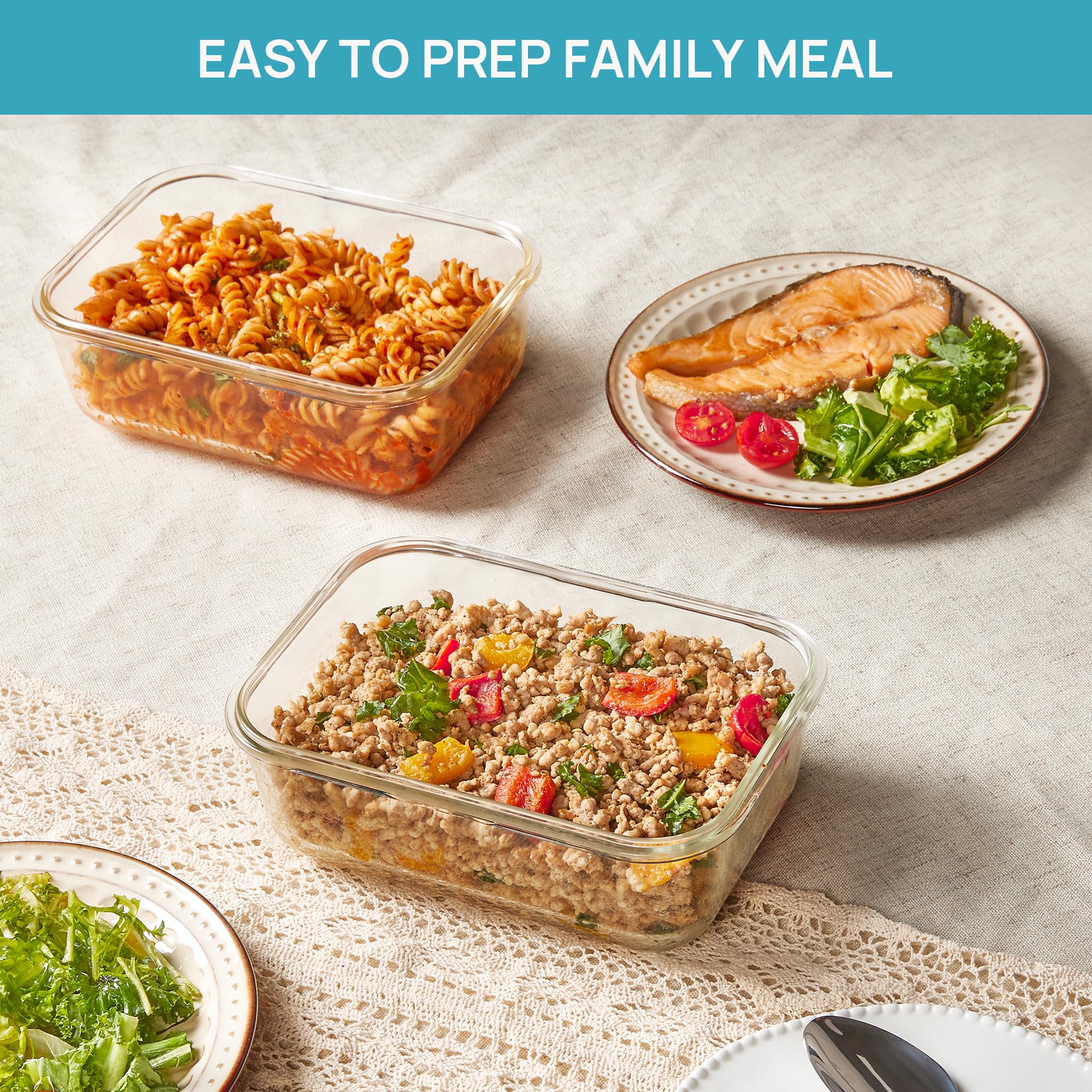 Vtopmart 2Pack 1860ml/63oz Large Glass Storage Containers with Lids, Meal Prep Food Container Set with Snap Airtight Lid for Baking, Microwave, Oven, Leak Proof, for Freezer, Dishwasher, Green