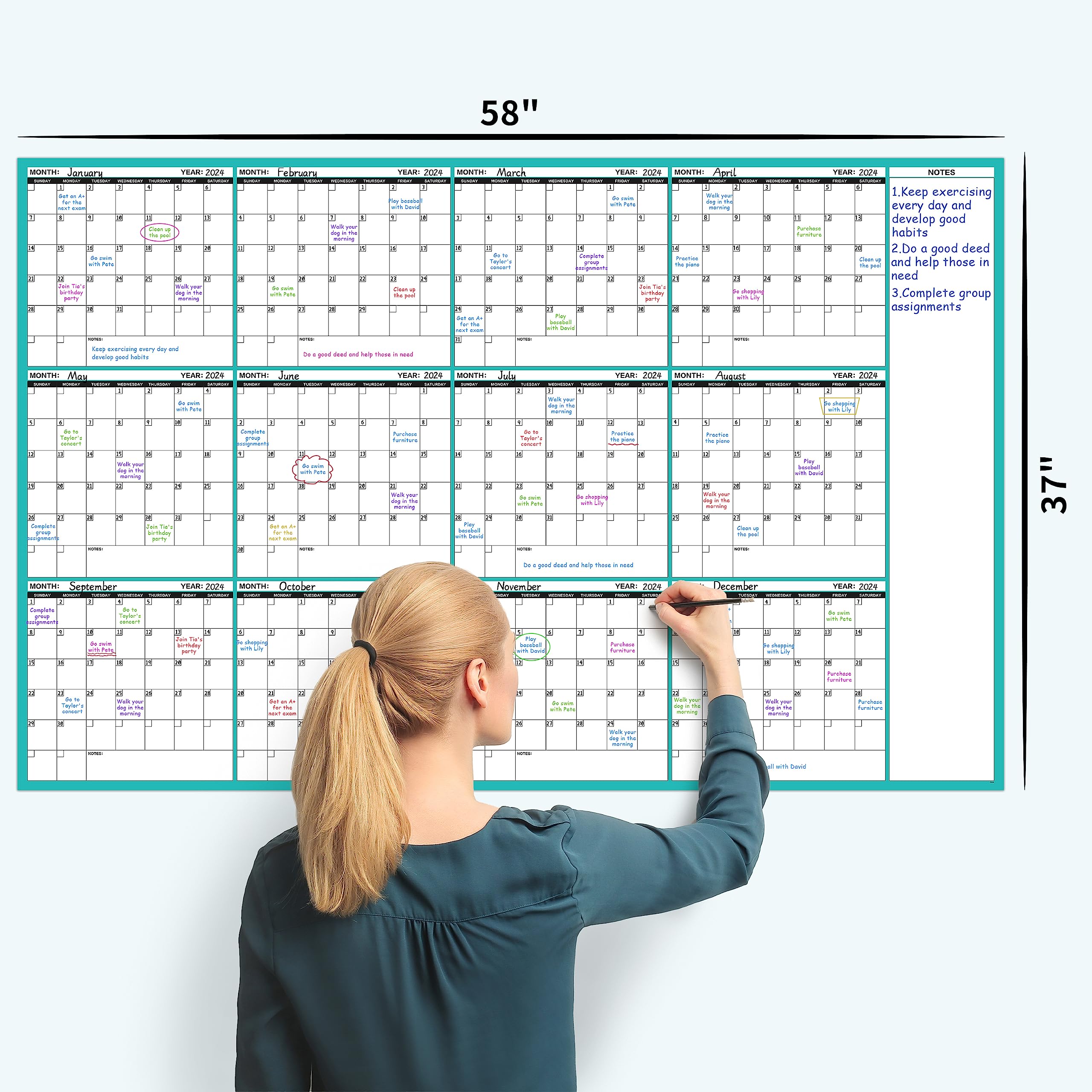 Large Dry Erase Calendar for Wall - Undated 12 Month Wall Calendar, 37”×58", Yearly Wall Calendar Dry Erase, Erasable & Reusable Calendar with 15 Round Stickers, Green Large Wall Calendar Dry Erase