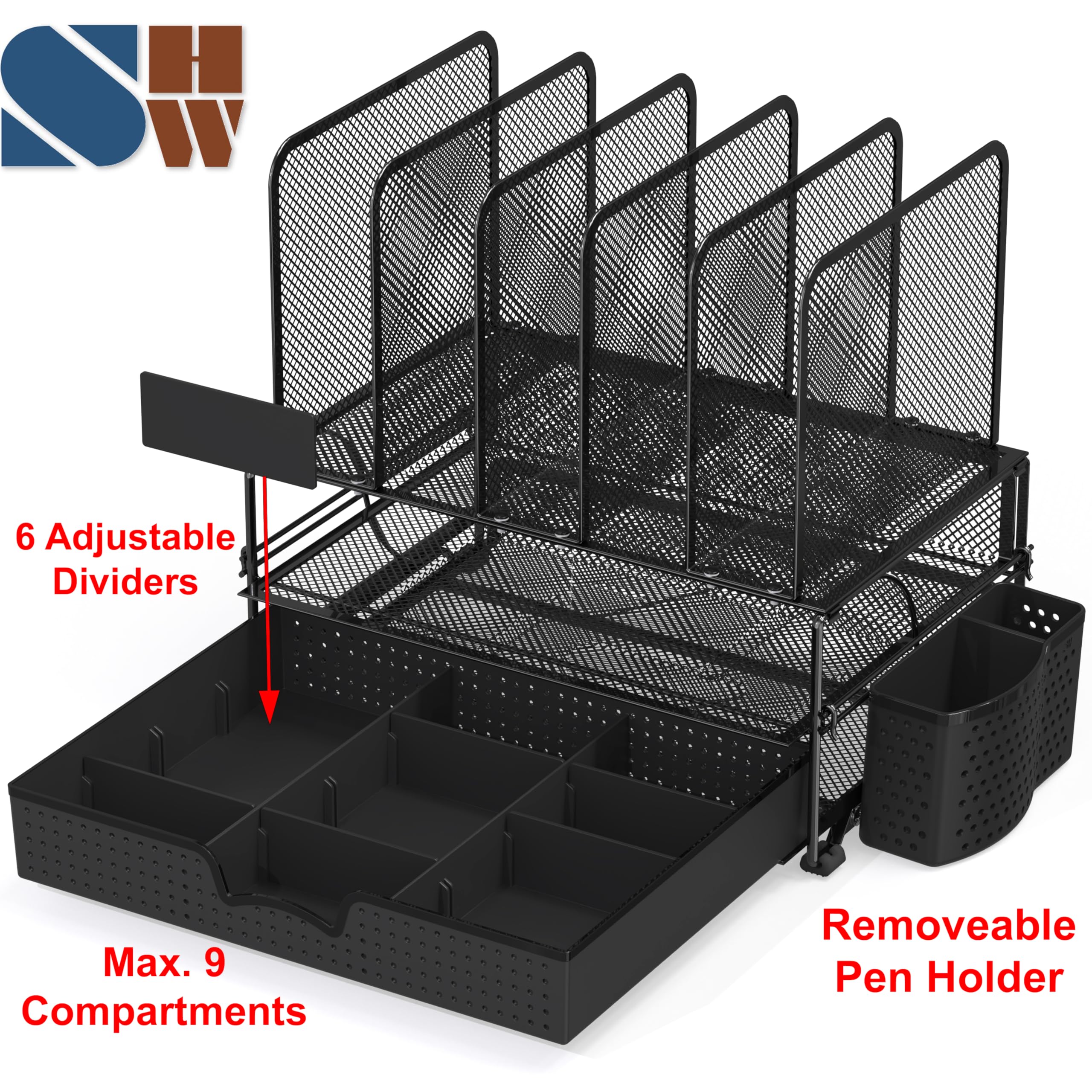 SimpleHouseware Desk File Organizer for Office Stationery with Sliding Drawer, Double Tray, Pencil Holder, and 5 Upright Sections, Black